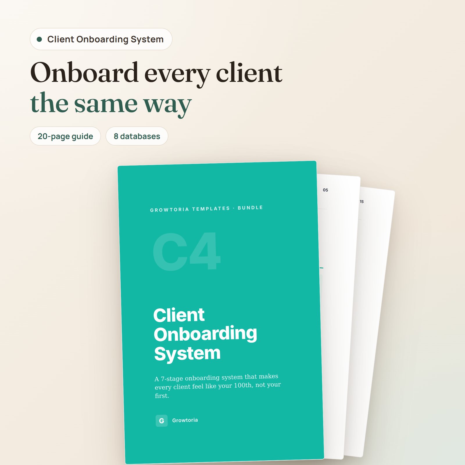 C4 Client Onboarding System: setup guide cover with the 7-stage framework and health scoring pages