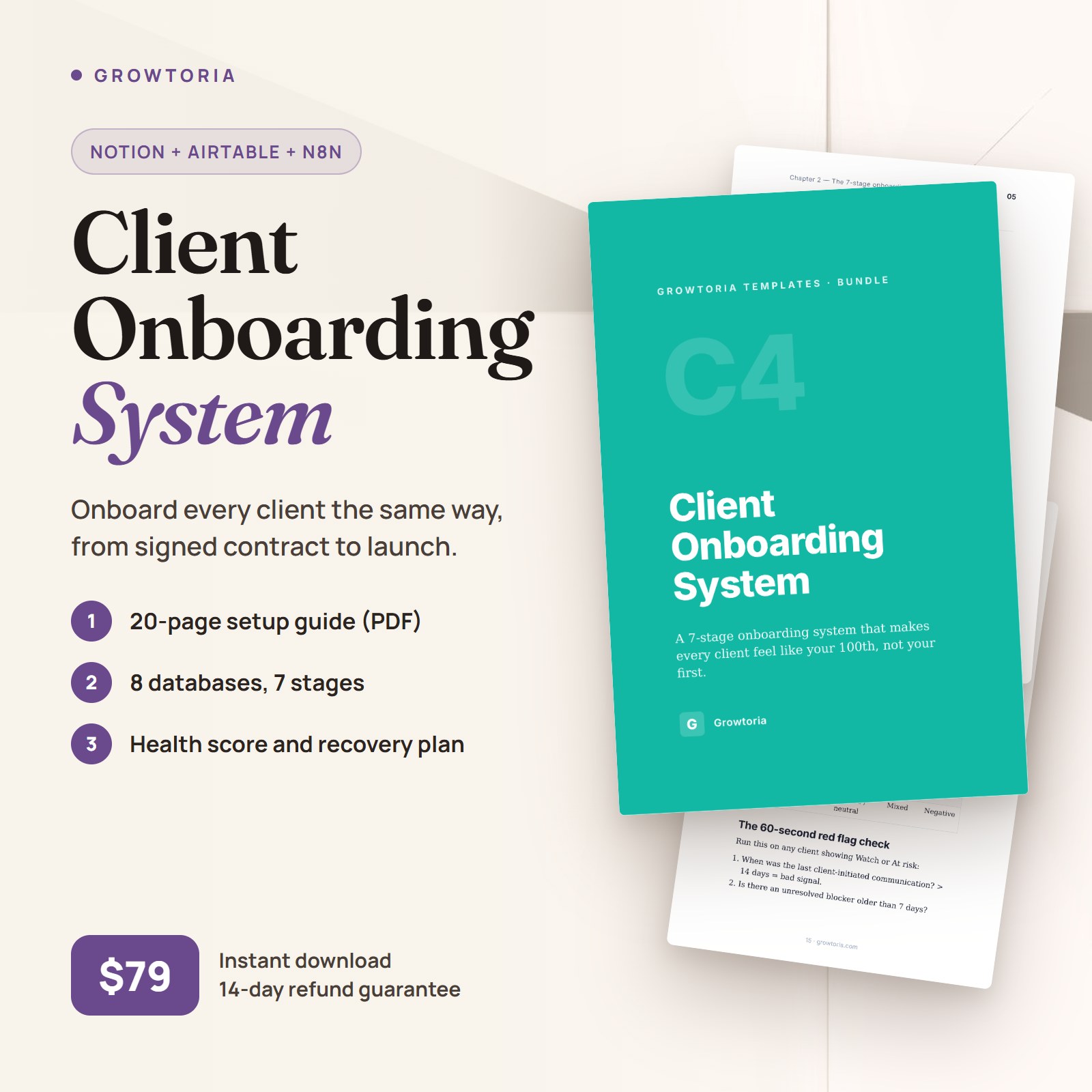 C4 Client Onboarding System: cover and inner pages of the 20-page setup guide