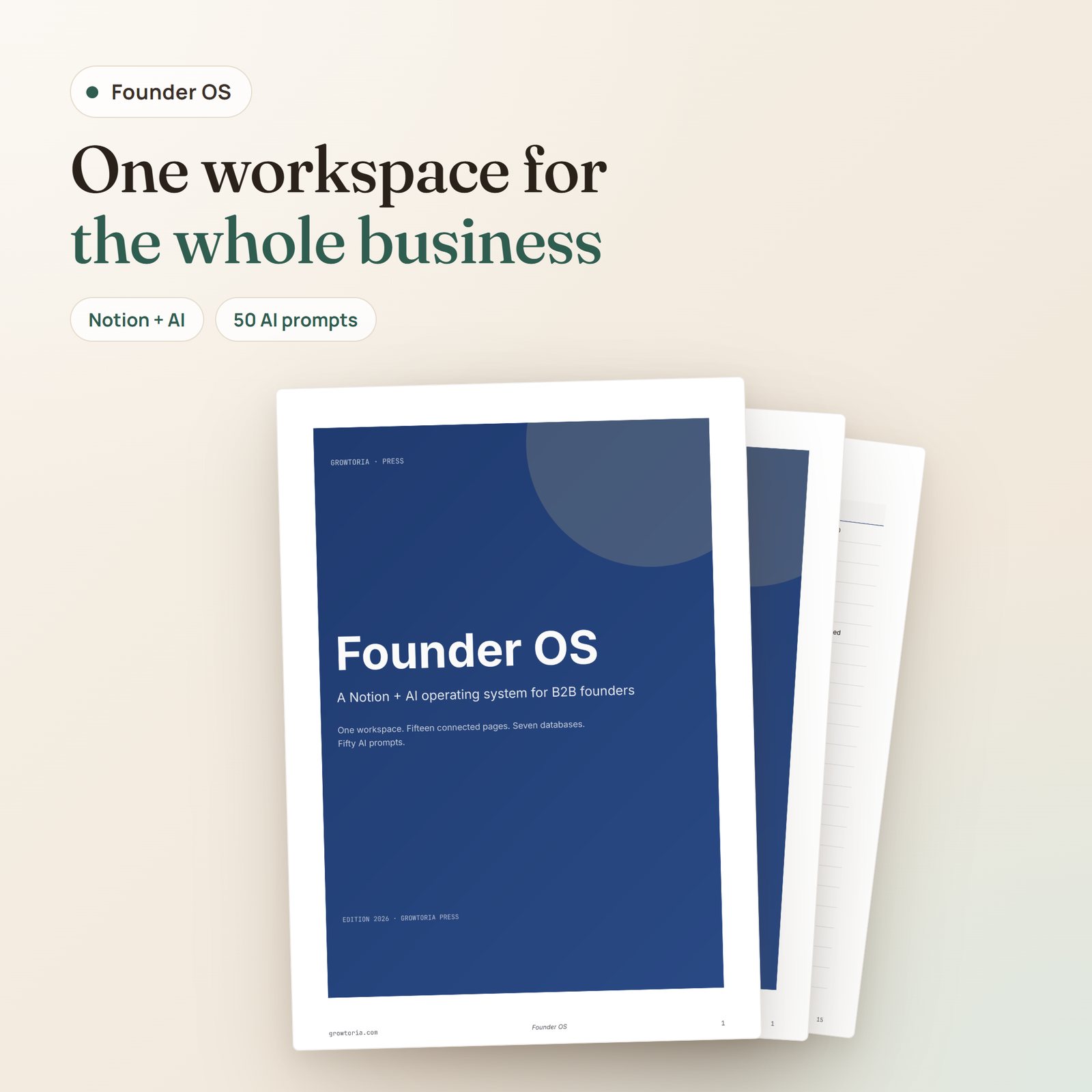 Founder OS Notion workspace: cover of the setup guide with the First Day Setup PDF and the prompts cheatsheet behind it