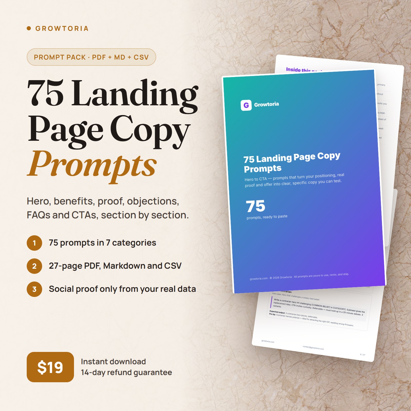 75 Landing Page Copy Prompts: real cover and inside pages, 27-page PDF with Markdown and CSV, $19