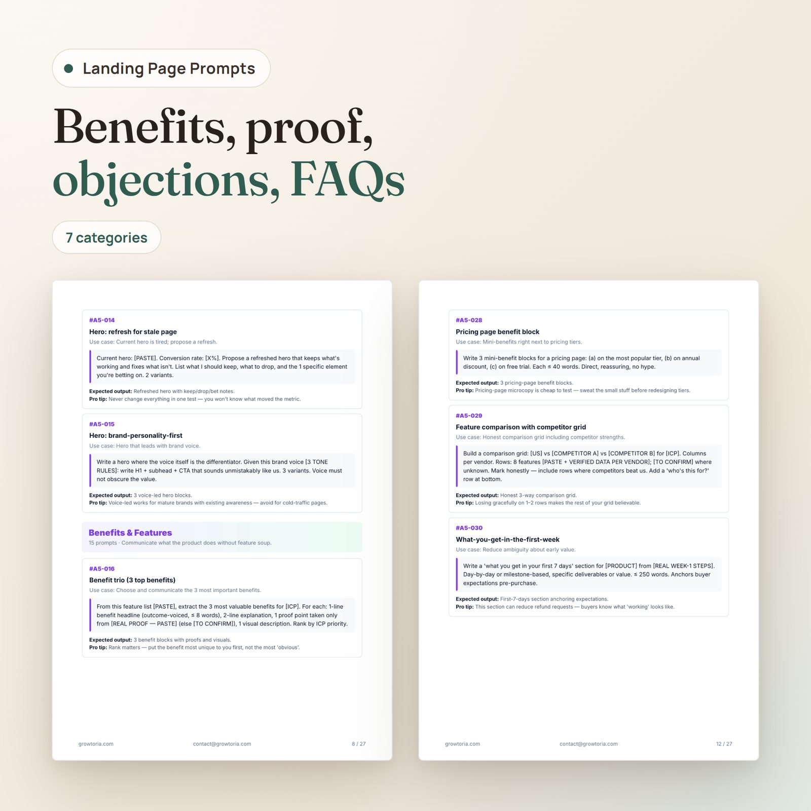 75 Landing Page Copy Prompts PDF: Benefits and Features and Social Proof prompt pages