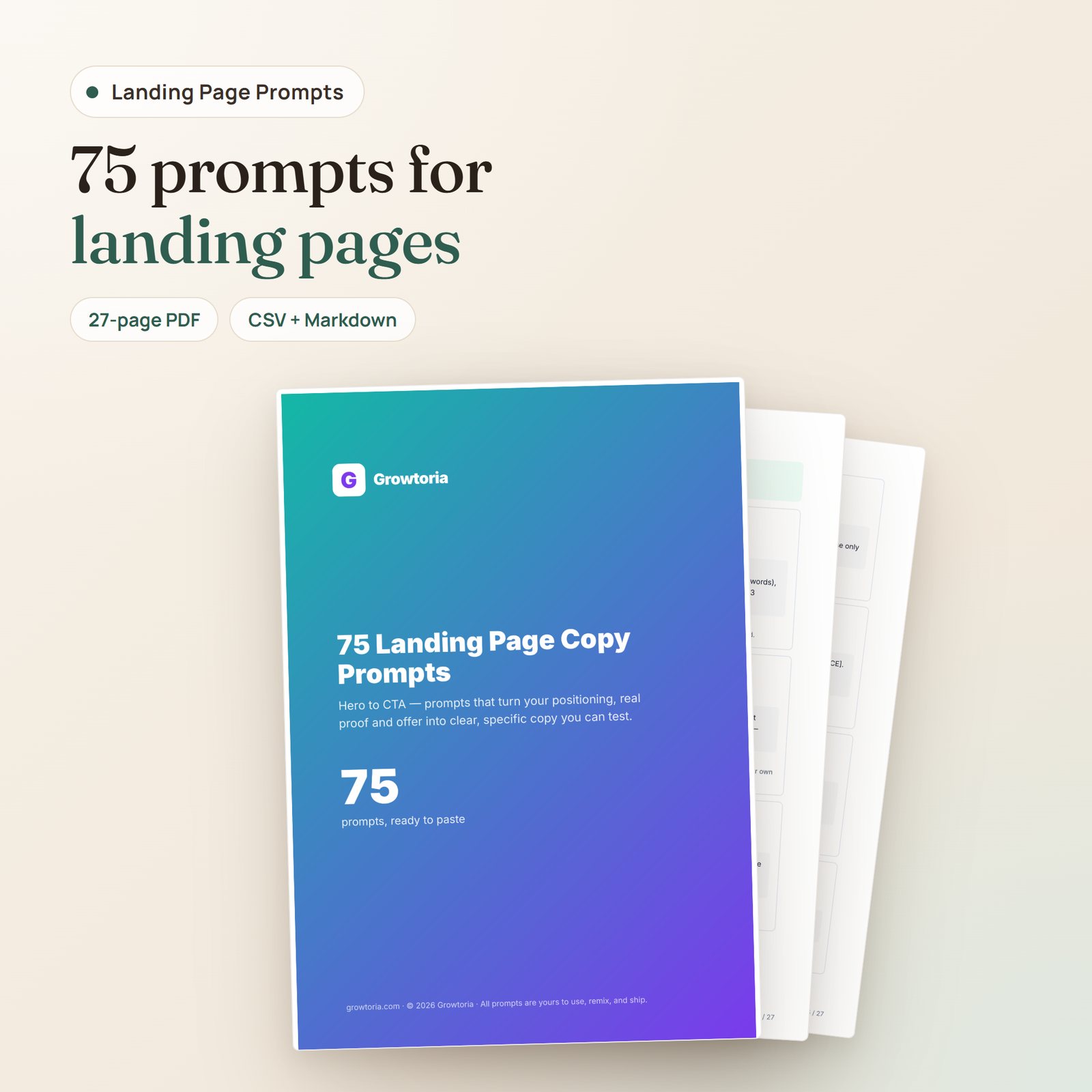 75 Landing Page Copy Prompts PDF: cover and first prompt pages