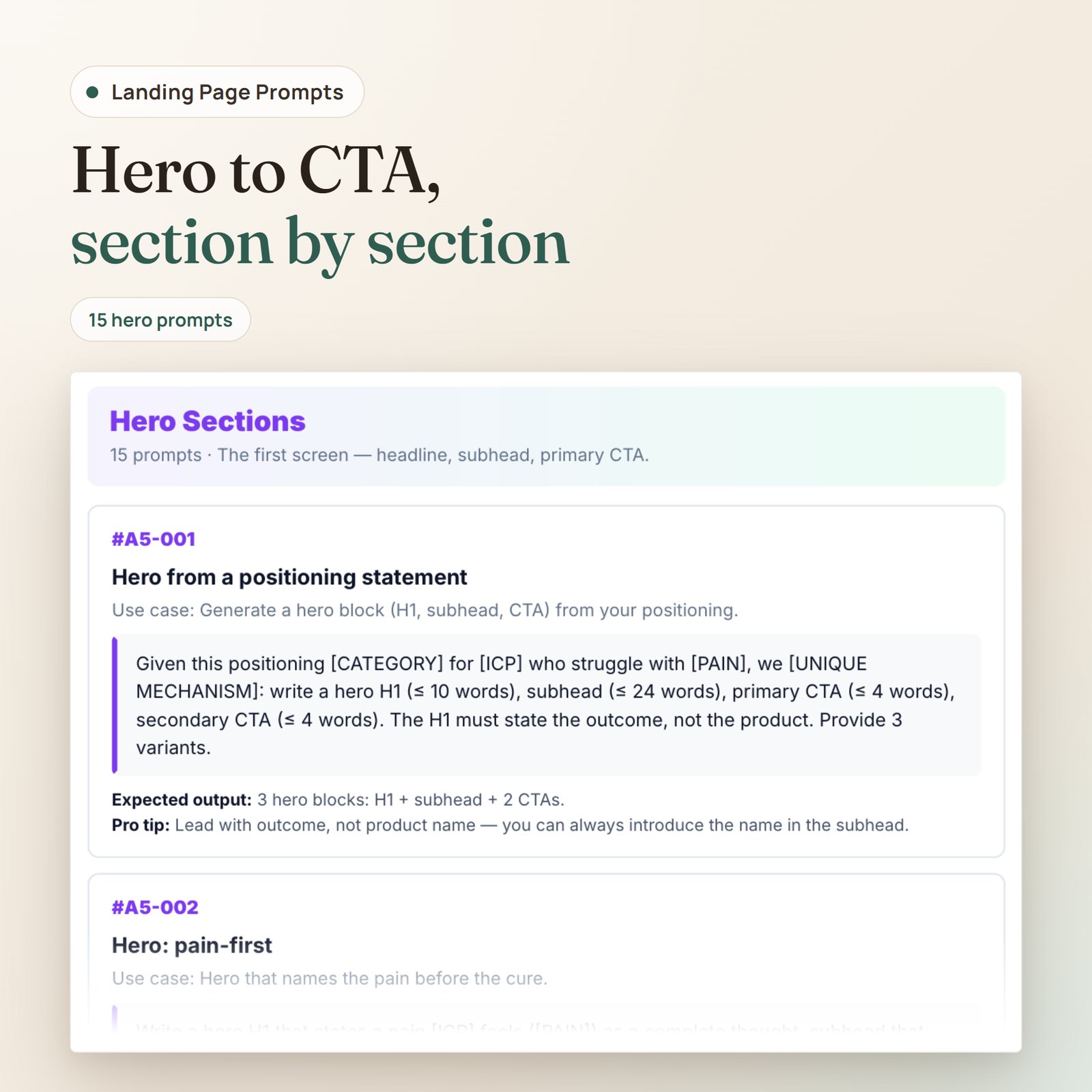 75 Landing Page Copy Prompts PDF: Hero Sections prompts with use case, prompt text, expected output and pro tip