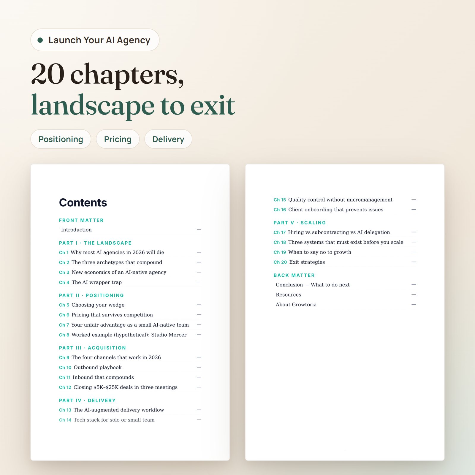 Launch Your AI Agency in 2026 ebook: table of contents, 20 chapters in five parts