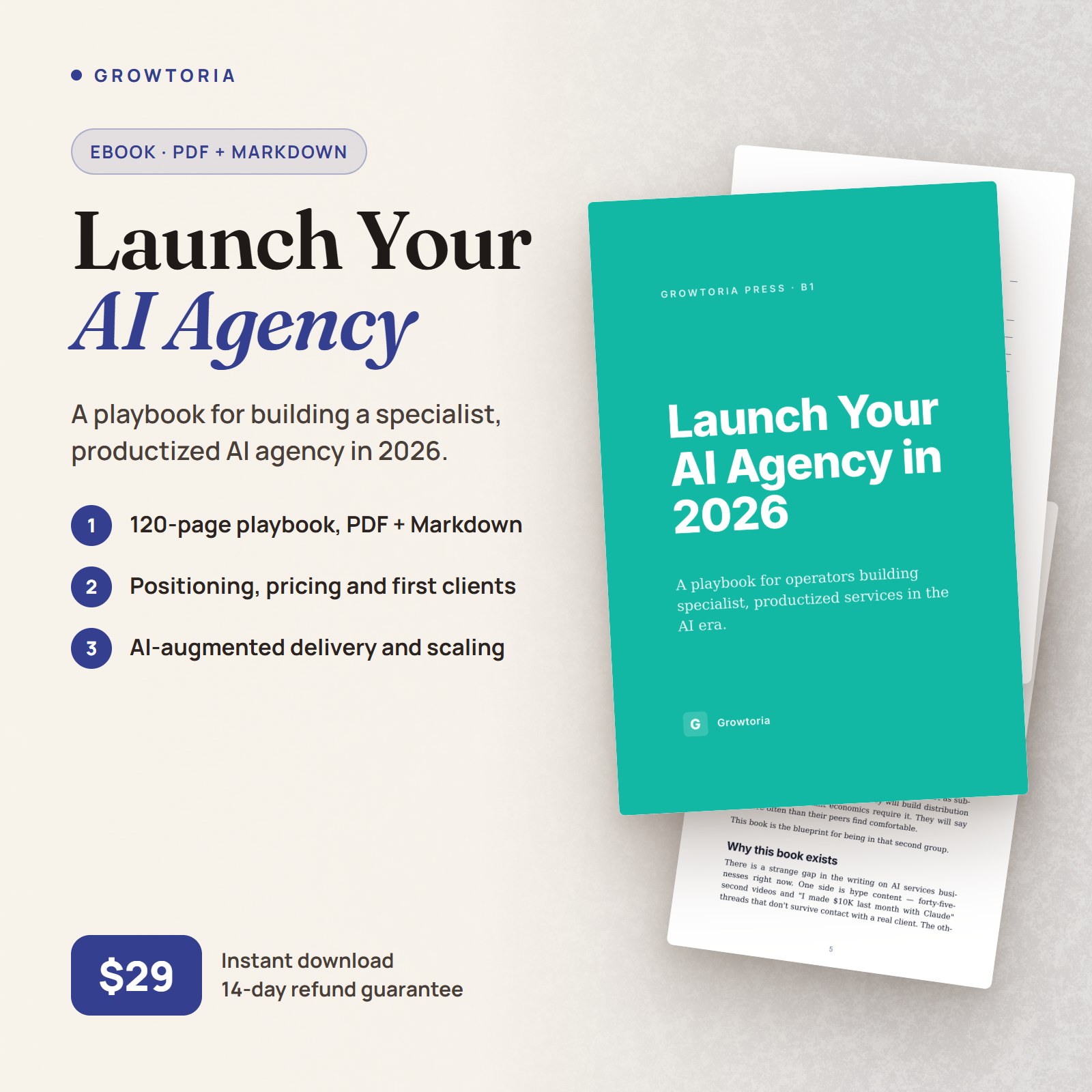 Launch Your AI Agency in 2026 ebook: real cover and inside pages, 120-page PDF + Markdown, $29