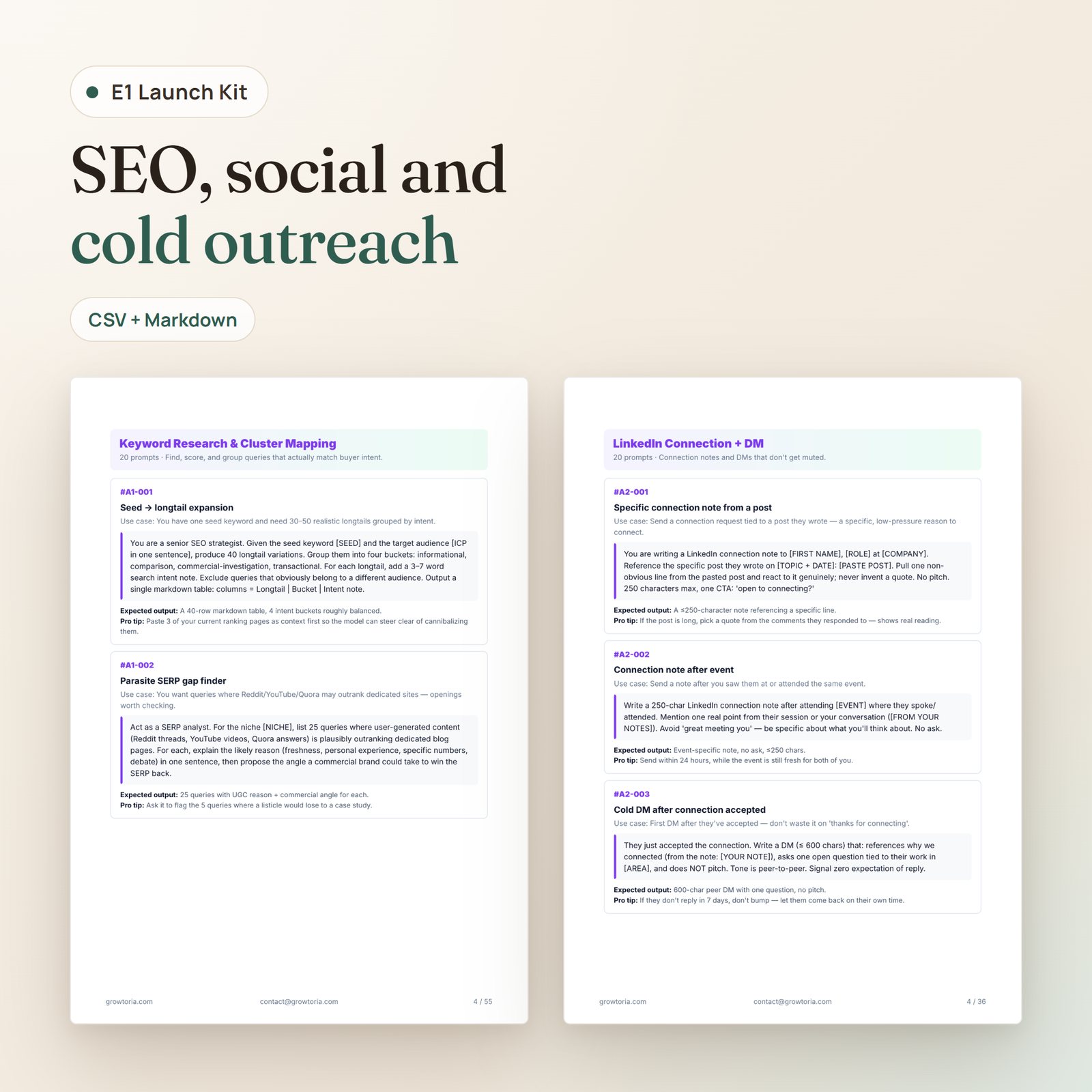 E1 Launch Kit: SEO content prompts and cold outreach prompts pages