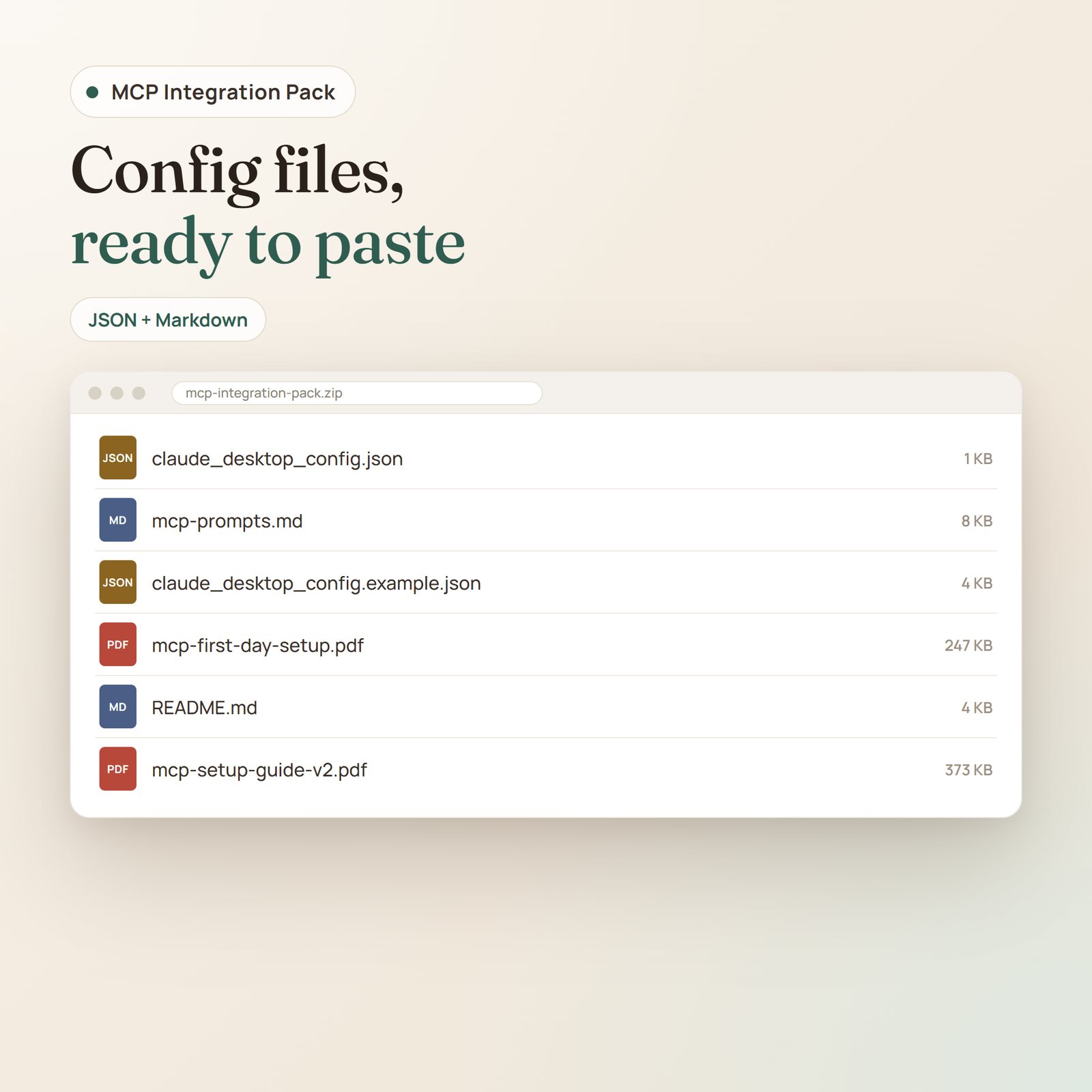 MCP Integration Pack: files included in the download, config JSON, prompts and PDF guides