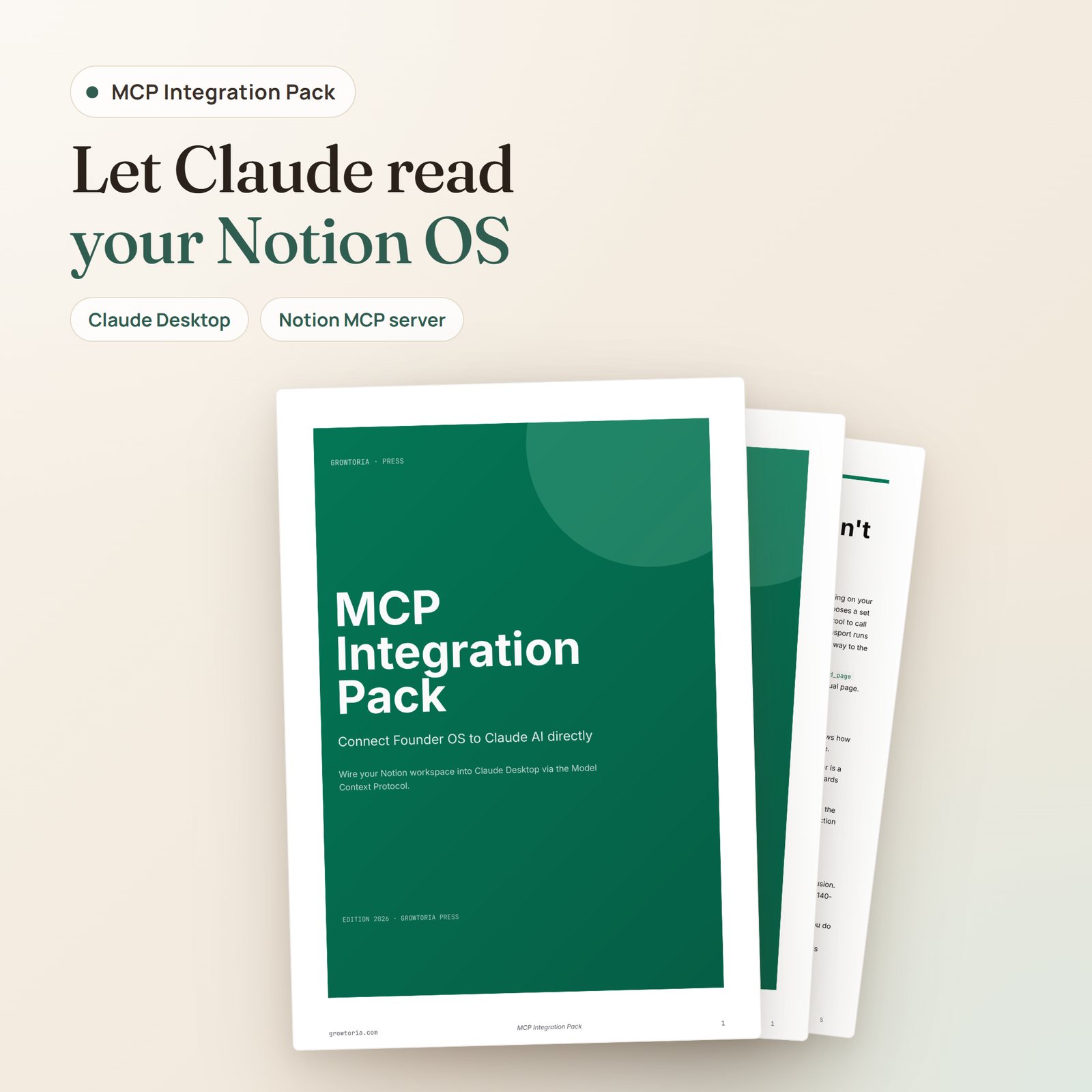 MCP Integration Pack: cover of the 19-page setup guide with the First Day Setup cheatsheet behind it
