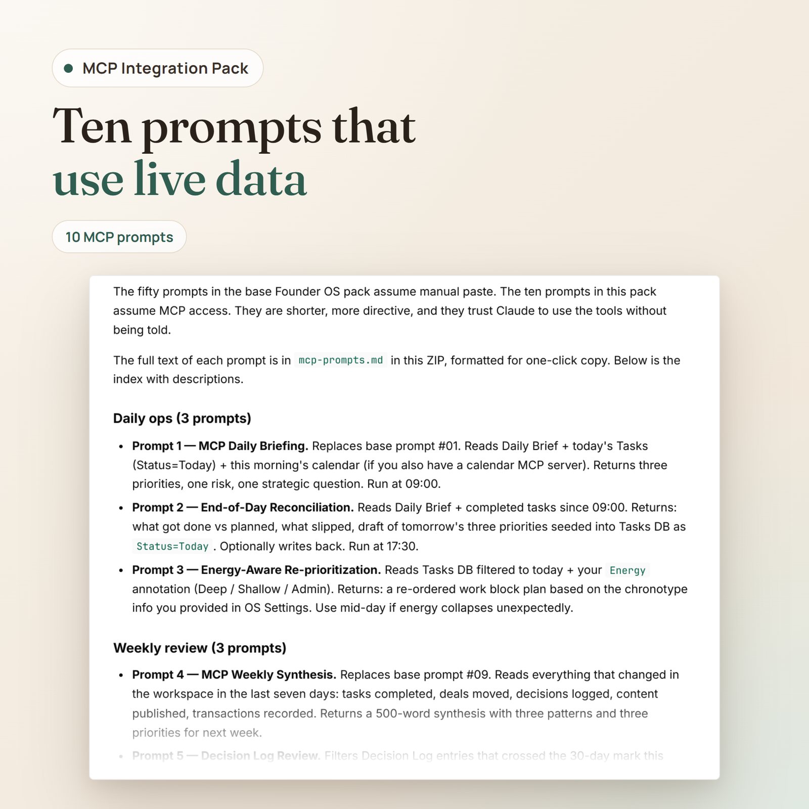 MCP Integration Pack: chapter 5, the ten MCP-optimized prompts for daily ops and weekly review