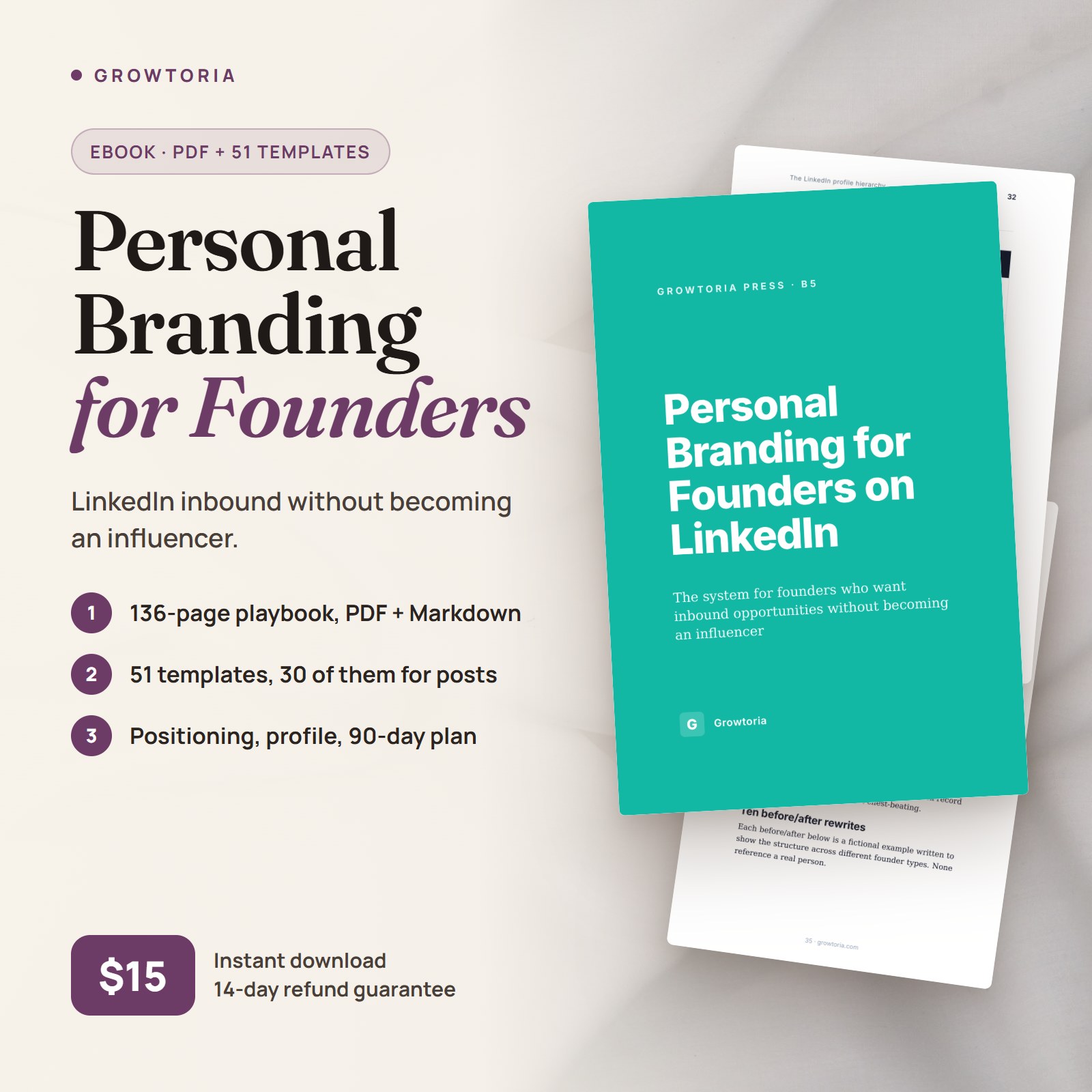 Personal Branding for Founders on LinkedIn ebook: real cover and inside pages, 136-page PDF with 51 templates, $15