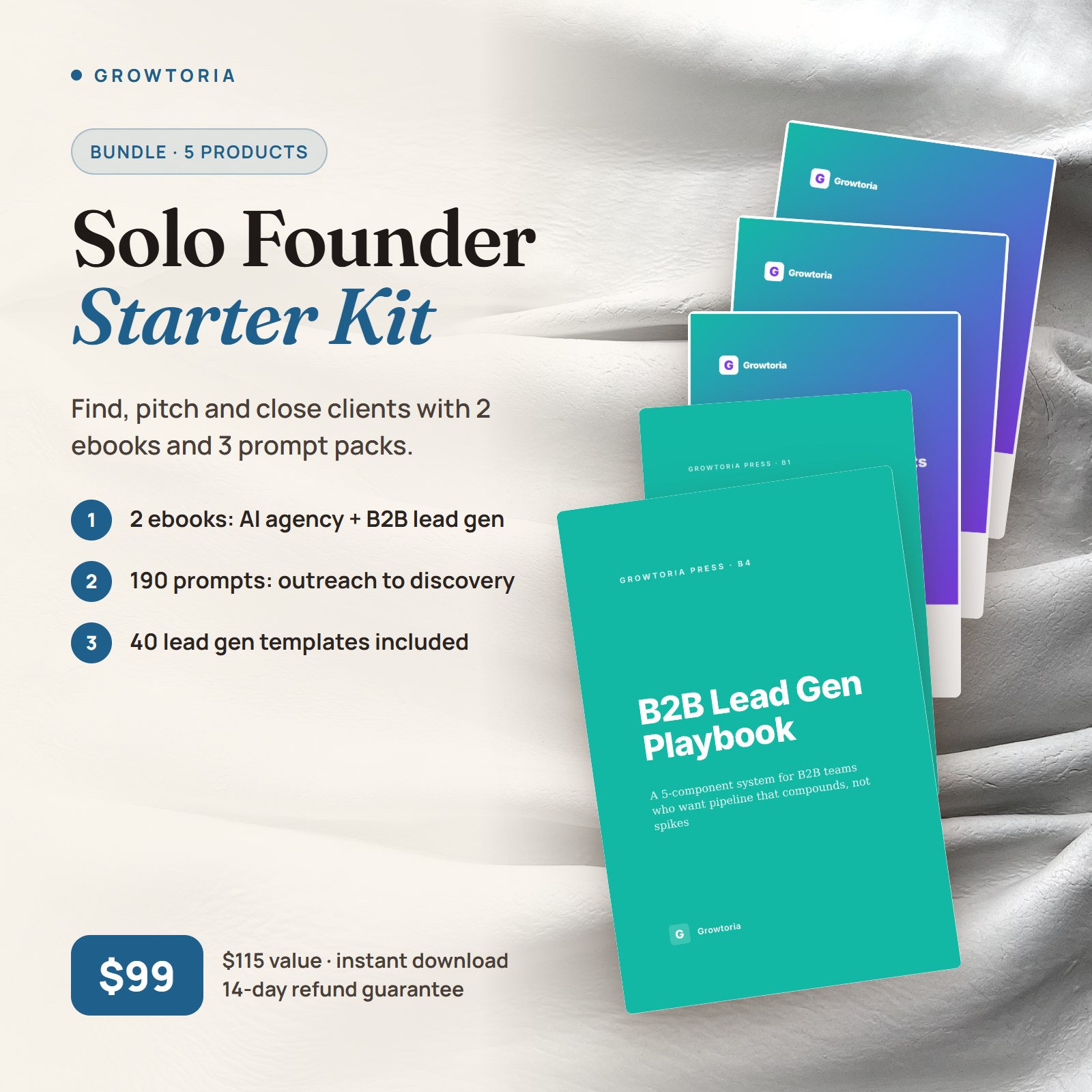 D1 Solo Founder Starter Kit: covers of the 2 ebooks and 3 prompt packs in the bundle, $99