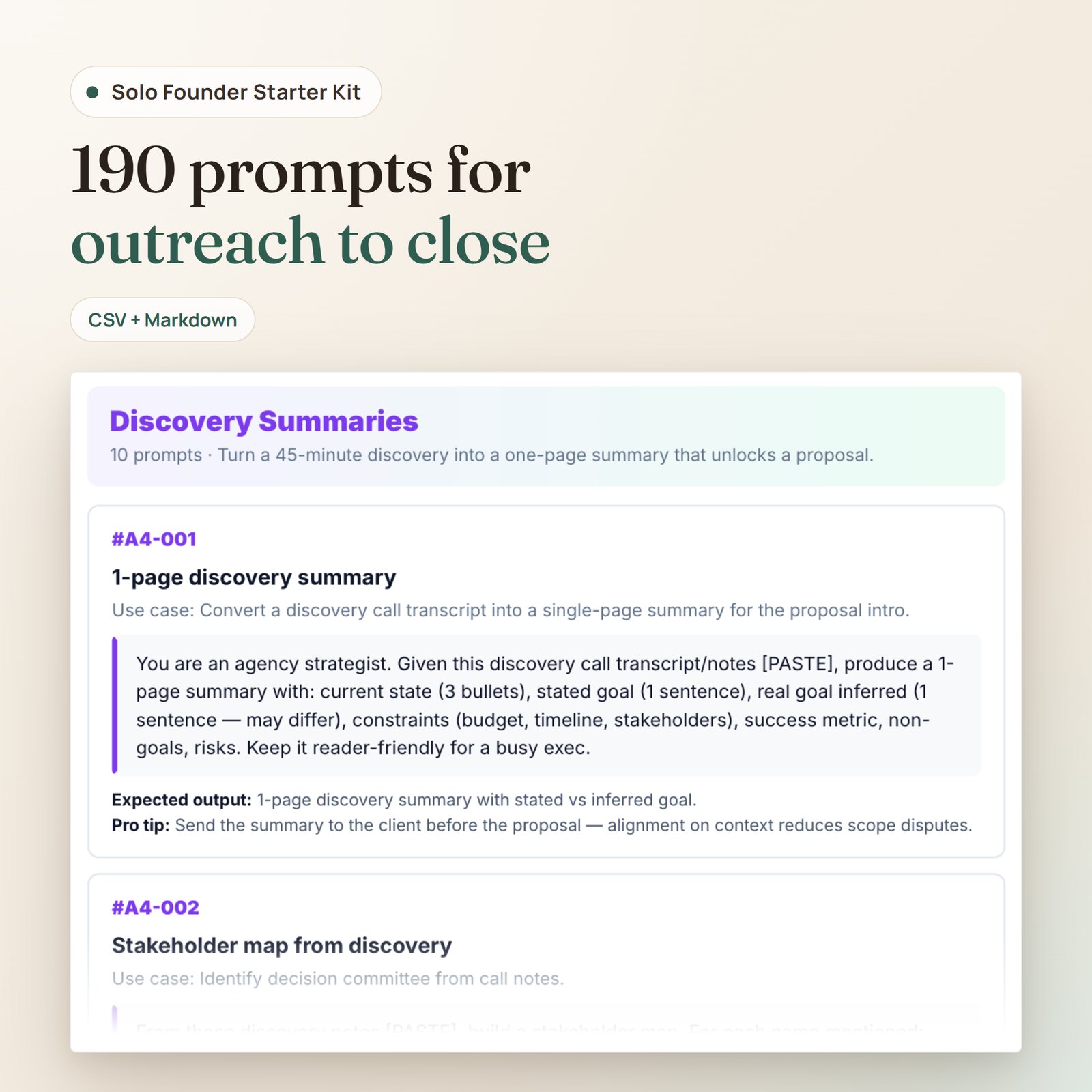D1 Solo Founder Starter Kit: agency proposal prompts page with use case, prompt text and pro tip