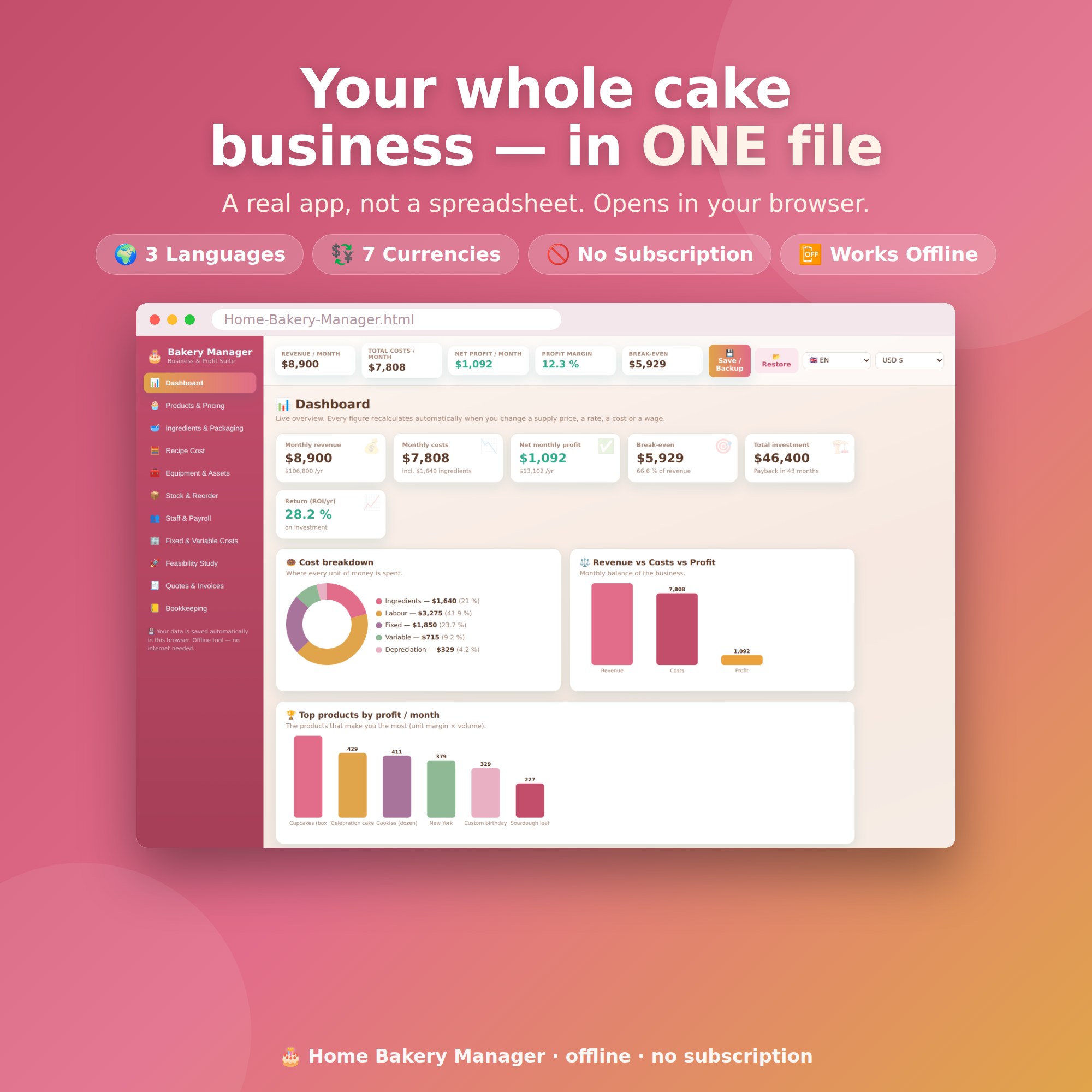 Home Bakery Software - Home Bakery Manager App | Cake Pricing, Cost & Profit Calculator + Order Forms | Offline, No Subscription