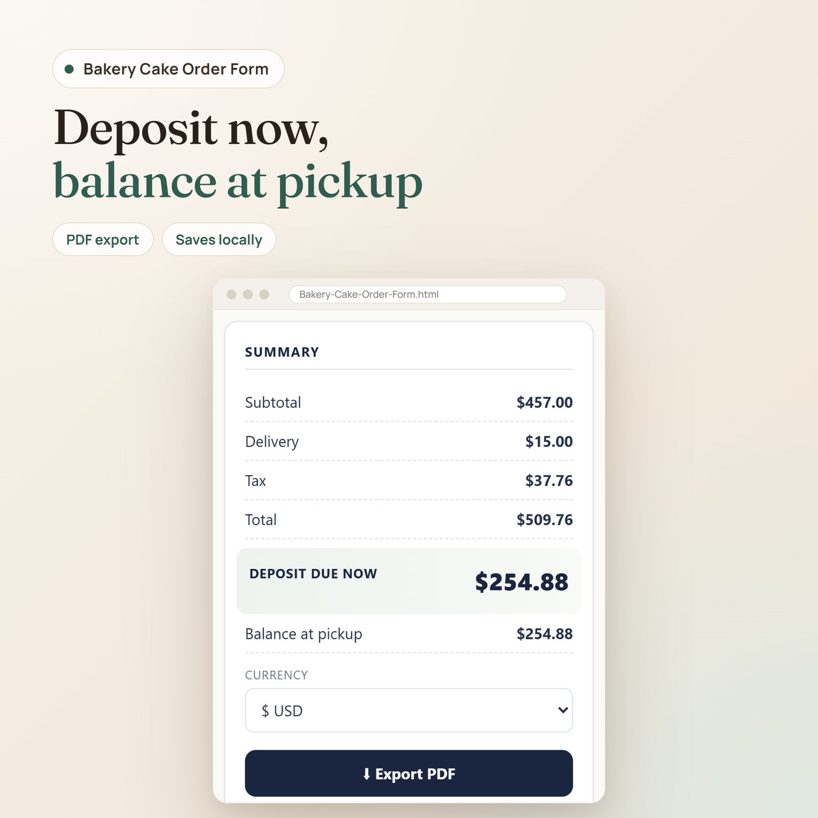Bakery Cake Order Form app: subtotal, delivery, tax, total, deposit due now and balance at pickup