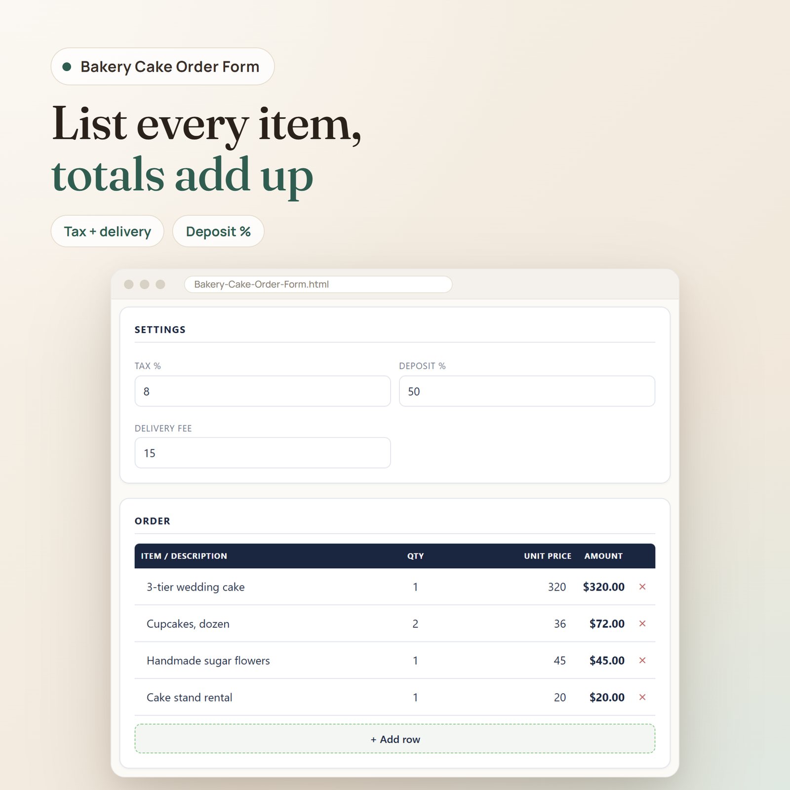 Bakery Cake Order Form app: tax, deposit and delivery settings with the cake order line items