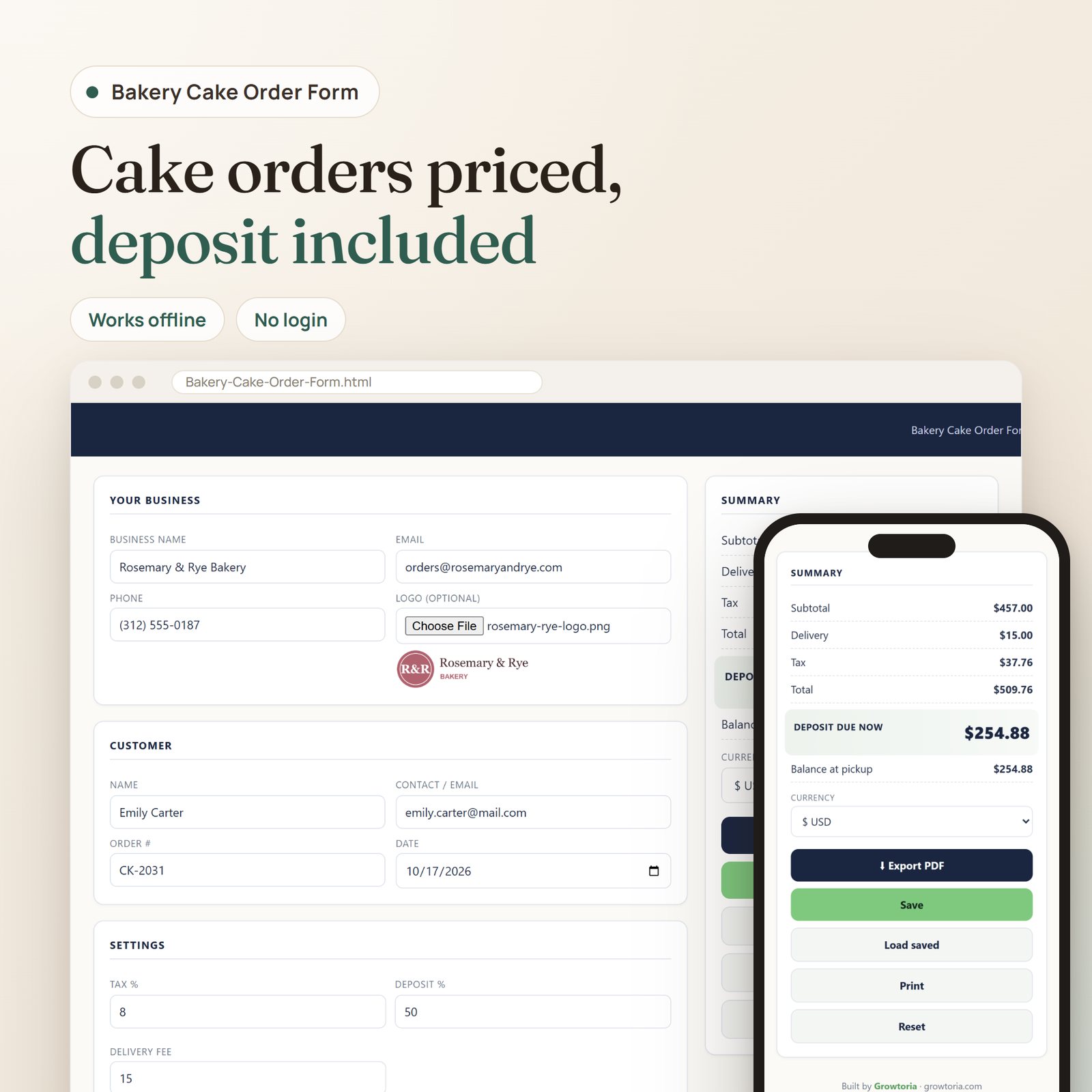 Bakery Cake Order Form app: customer, order and settings on desktop, deposit summary on mobile