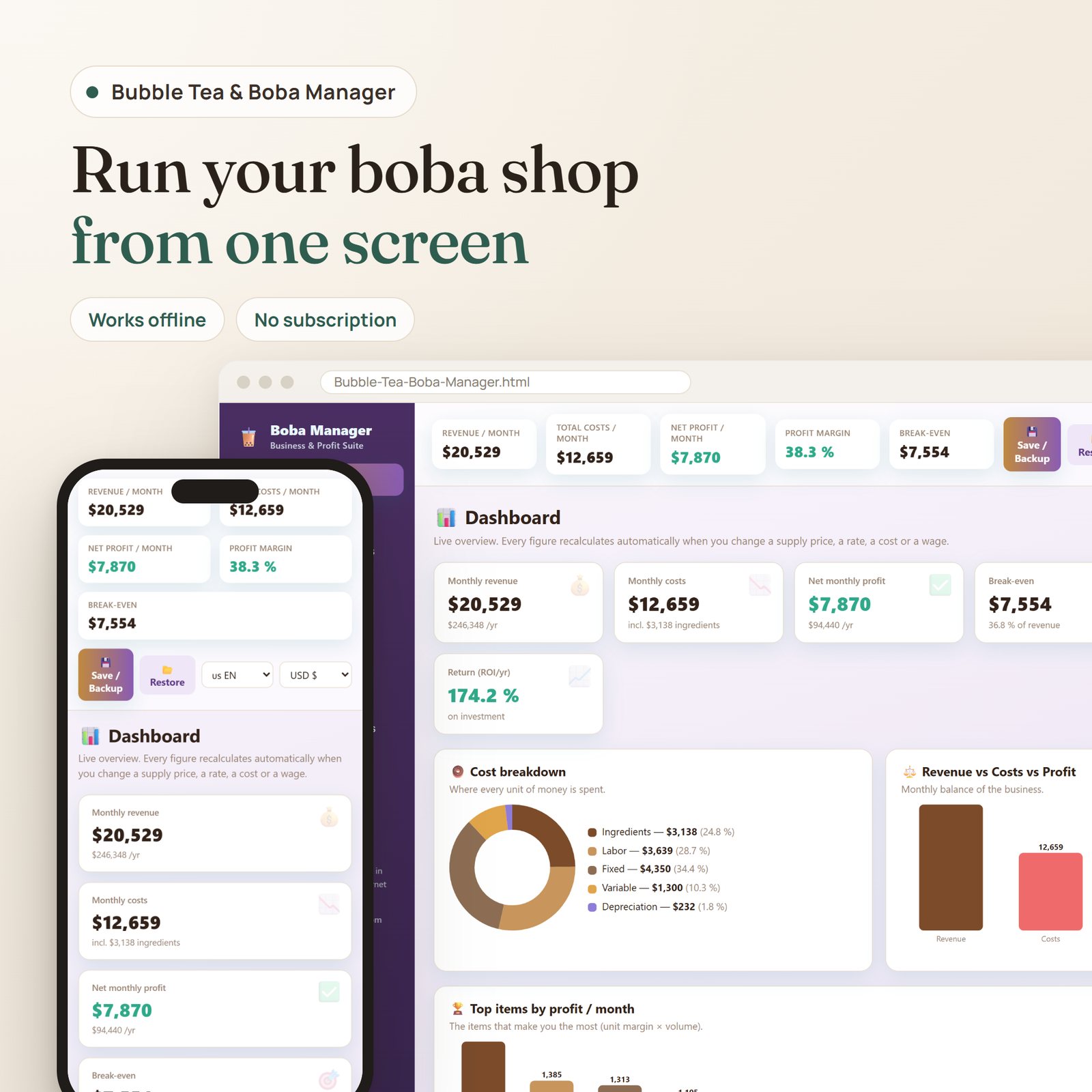 Bubble Tea & Boba Manager app: live profit dashboard on desktop and mobile
