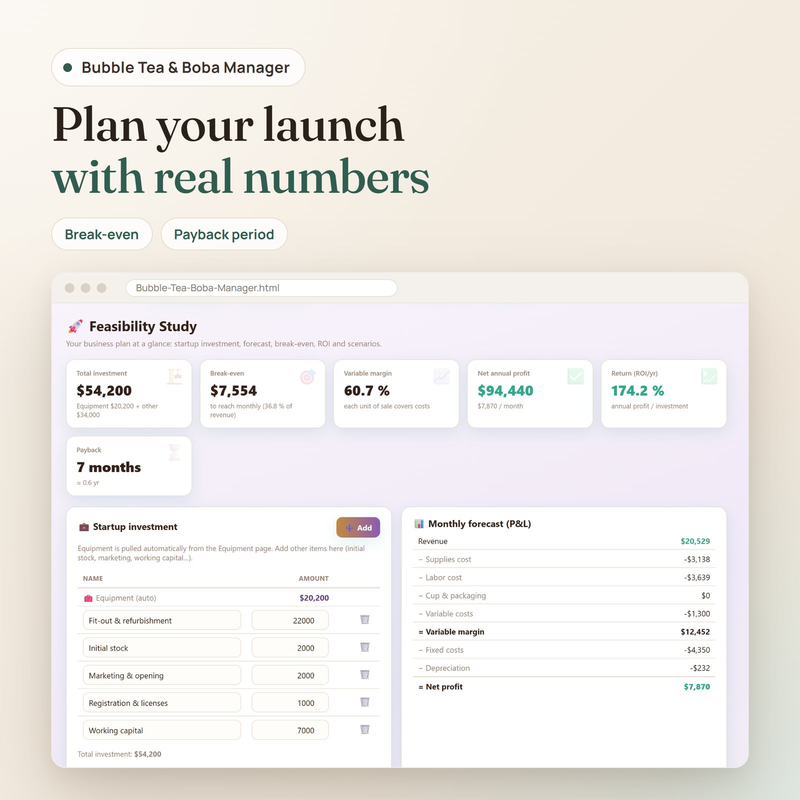 Bubble Tea & Boba Manager app: feasibility study with startup investment, break-even, ROI and monthly P&L