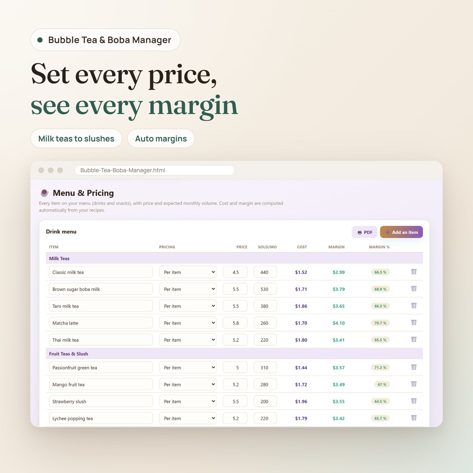 Bubble Tea & Boba Manager app: drink menu with price, monthly volume, cost and margin per drink