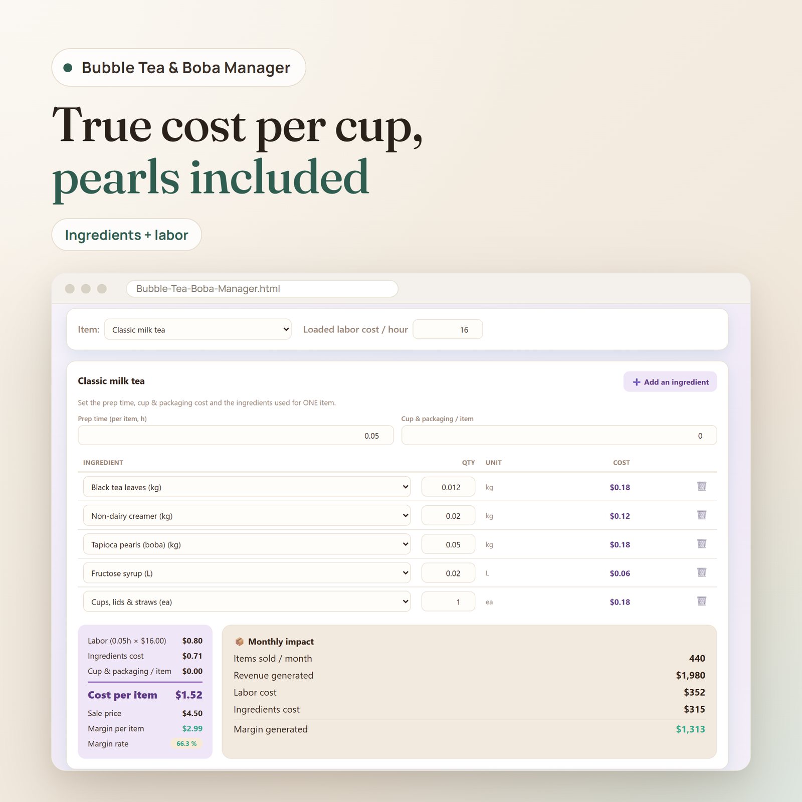Bubble Tea & Boba Manager app: recipe cost per drink with tea, creamer, tapioca pearls, cup and labor