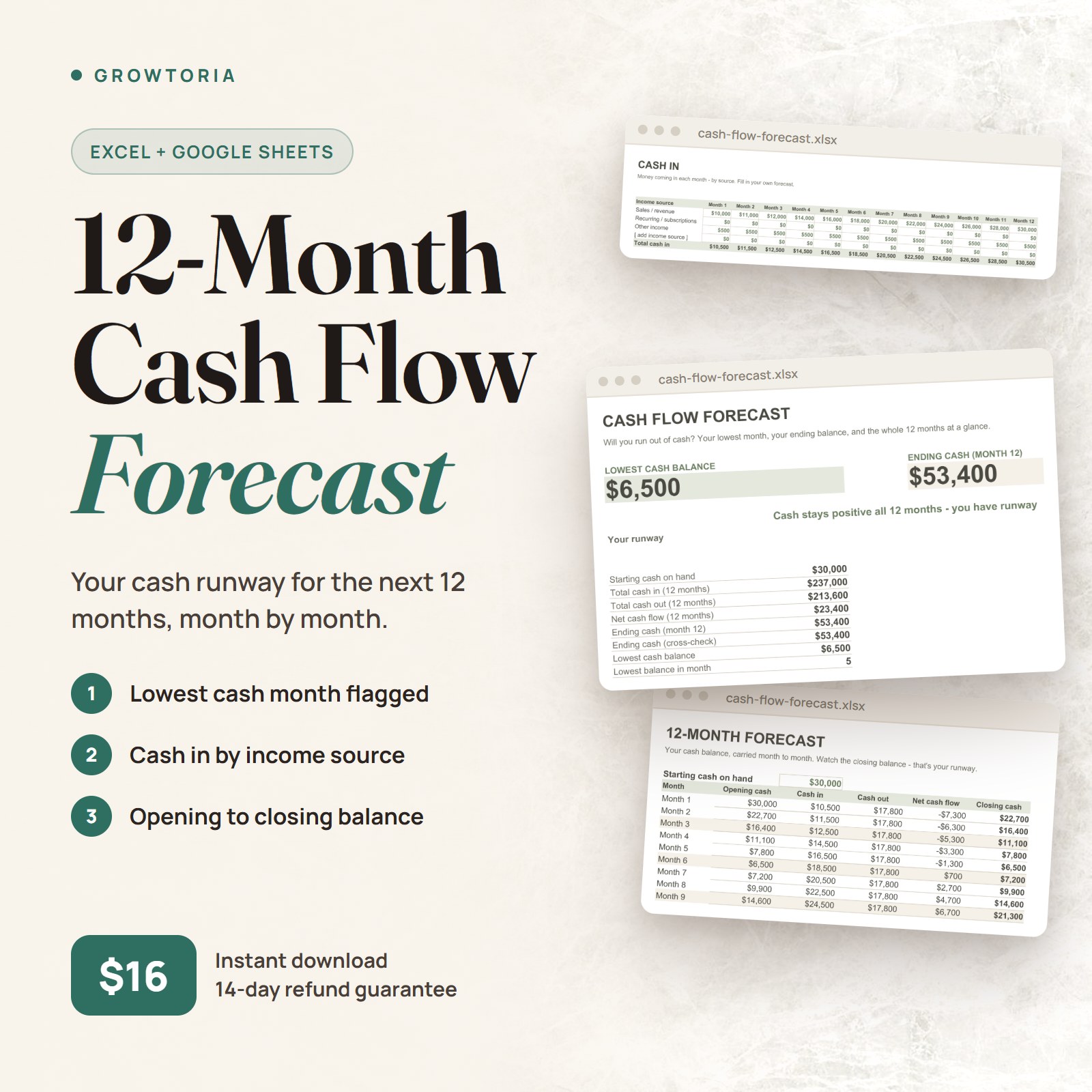 12-Month Cash Flow Forecast: runway dashboard, cash in and forecast tabs of the spreadsheet