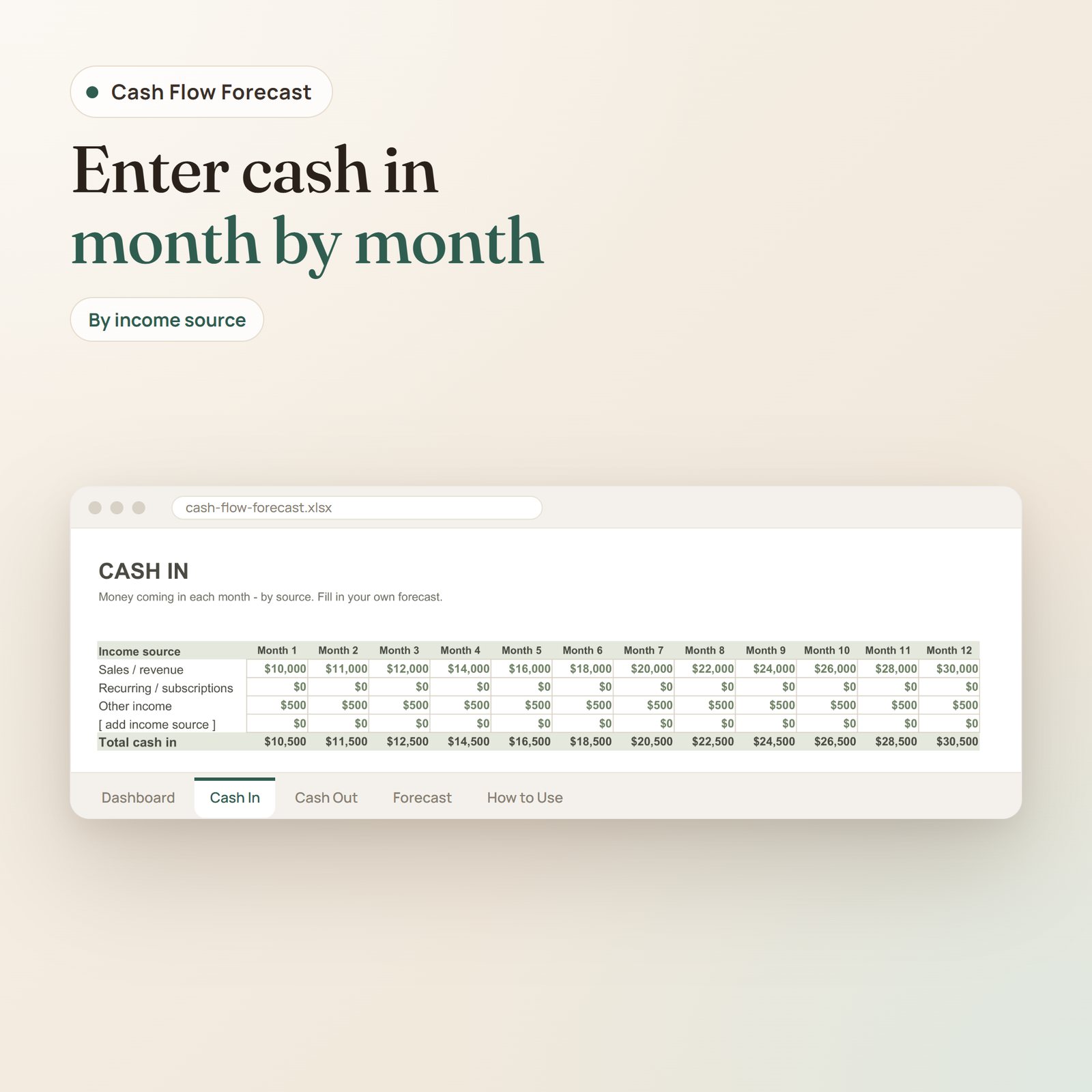 Cash Flow Forecast spreadsheet: cash in by source for 12 months