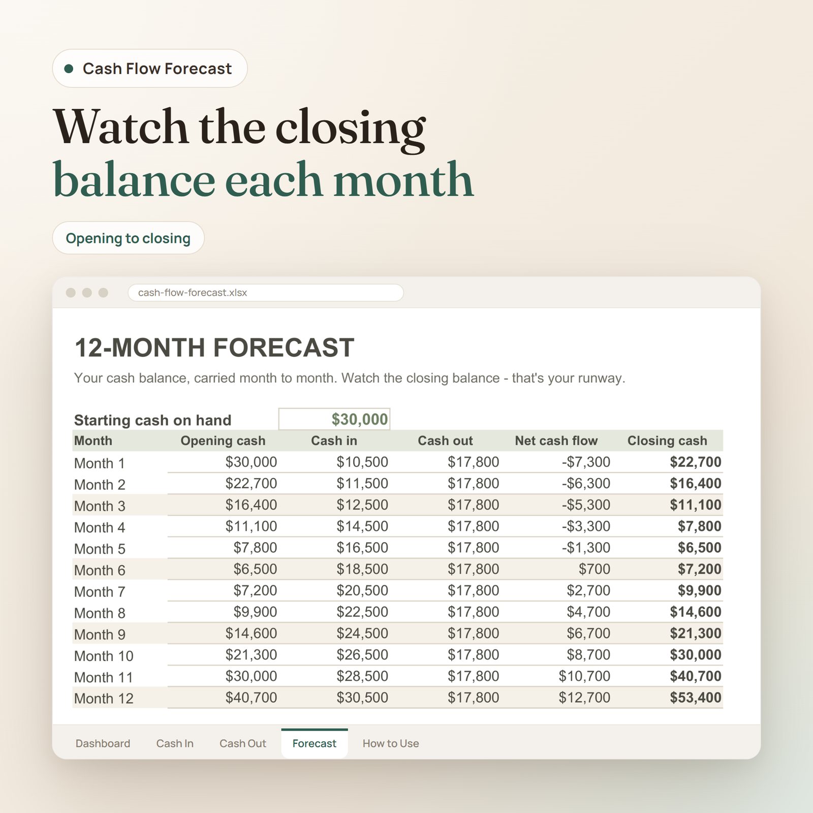 Cash Flow Forecast spreadsheet: 12-month forecast with opening cash, cash in, cash out, net and closing balance