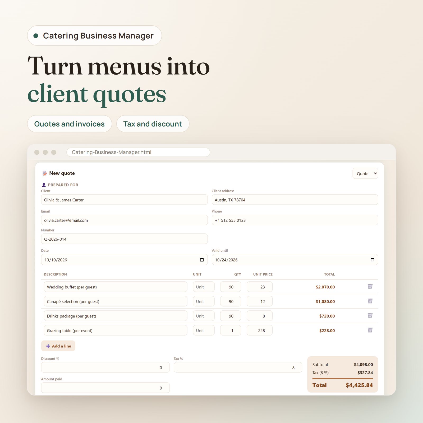 Catering Business Manager app: client quote with per-guest lines, tax and total