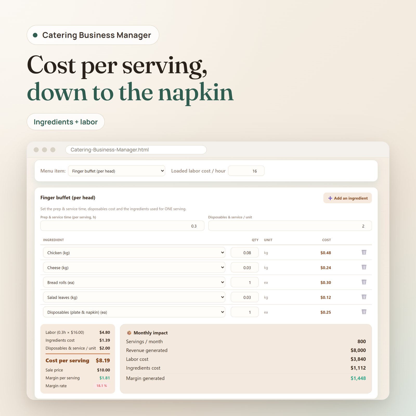 Catering Business Manager app: cost per serving with ingredients, prep and service time, and disposables