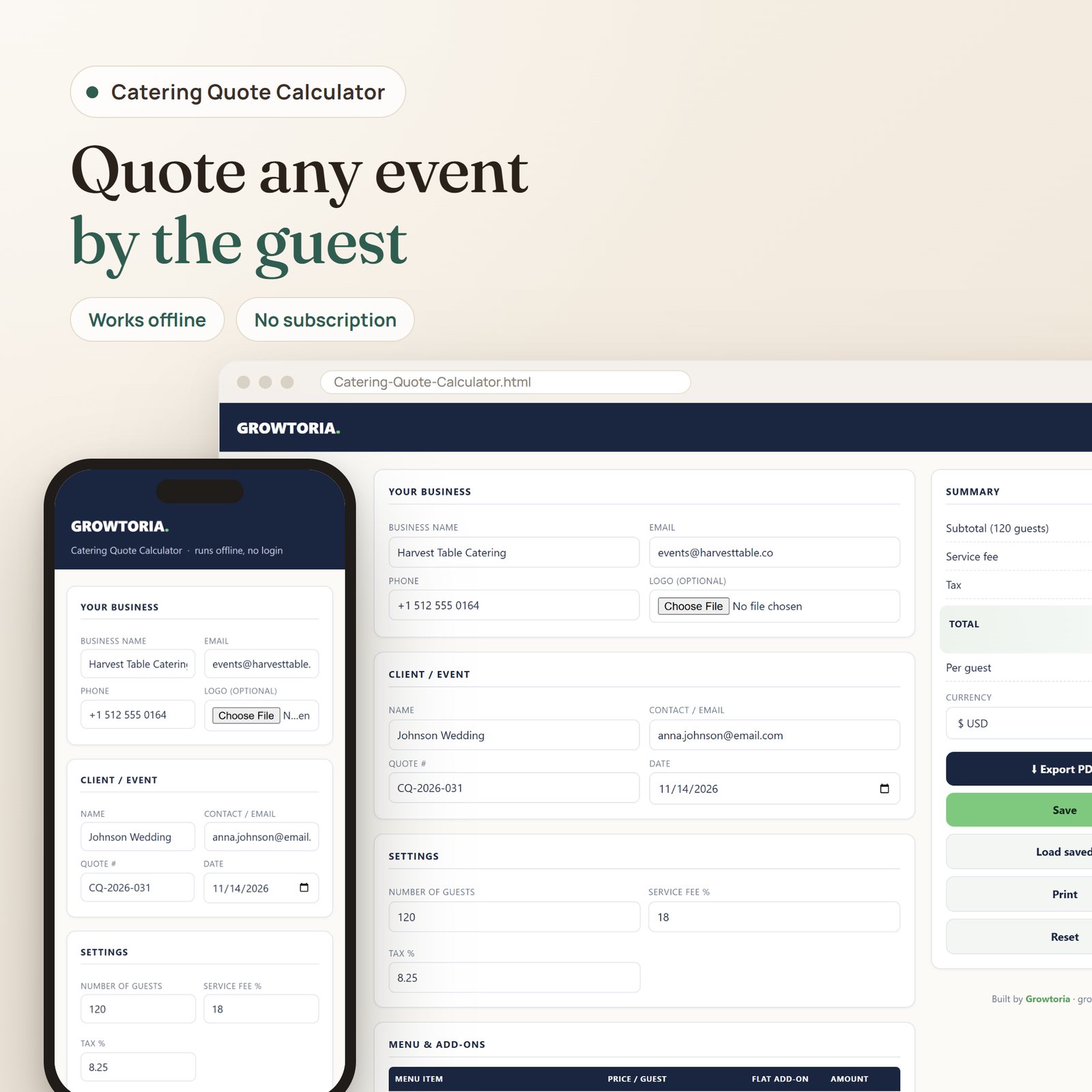 Catering Quote Calculator app: caterer, client and event details with live quote summary on desktop and mobile