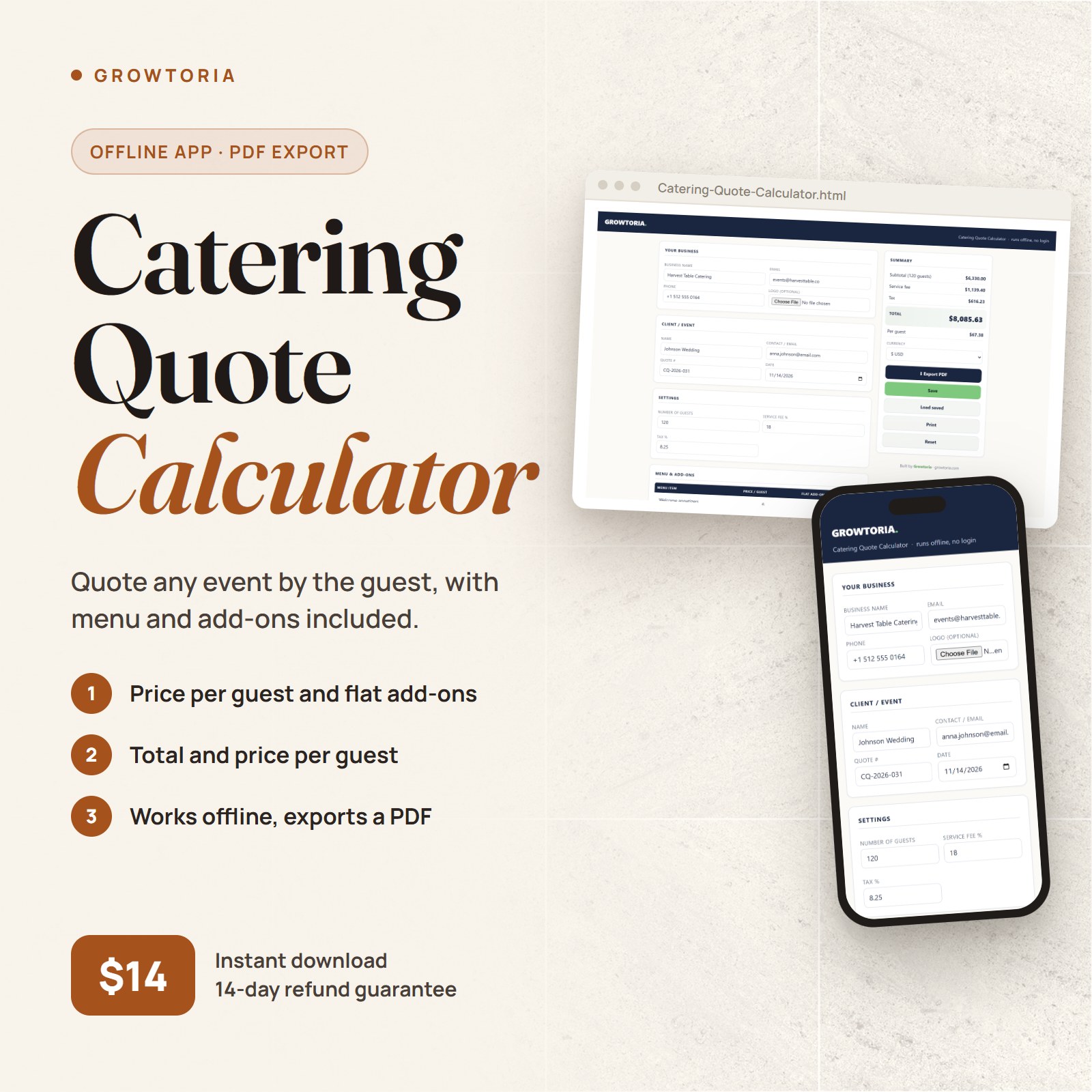 Catering Quote Calculator: the event quote on desktop and on mobile