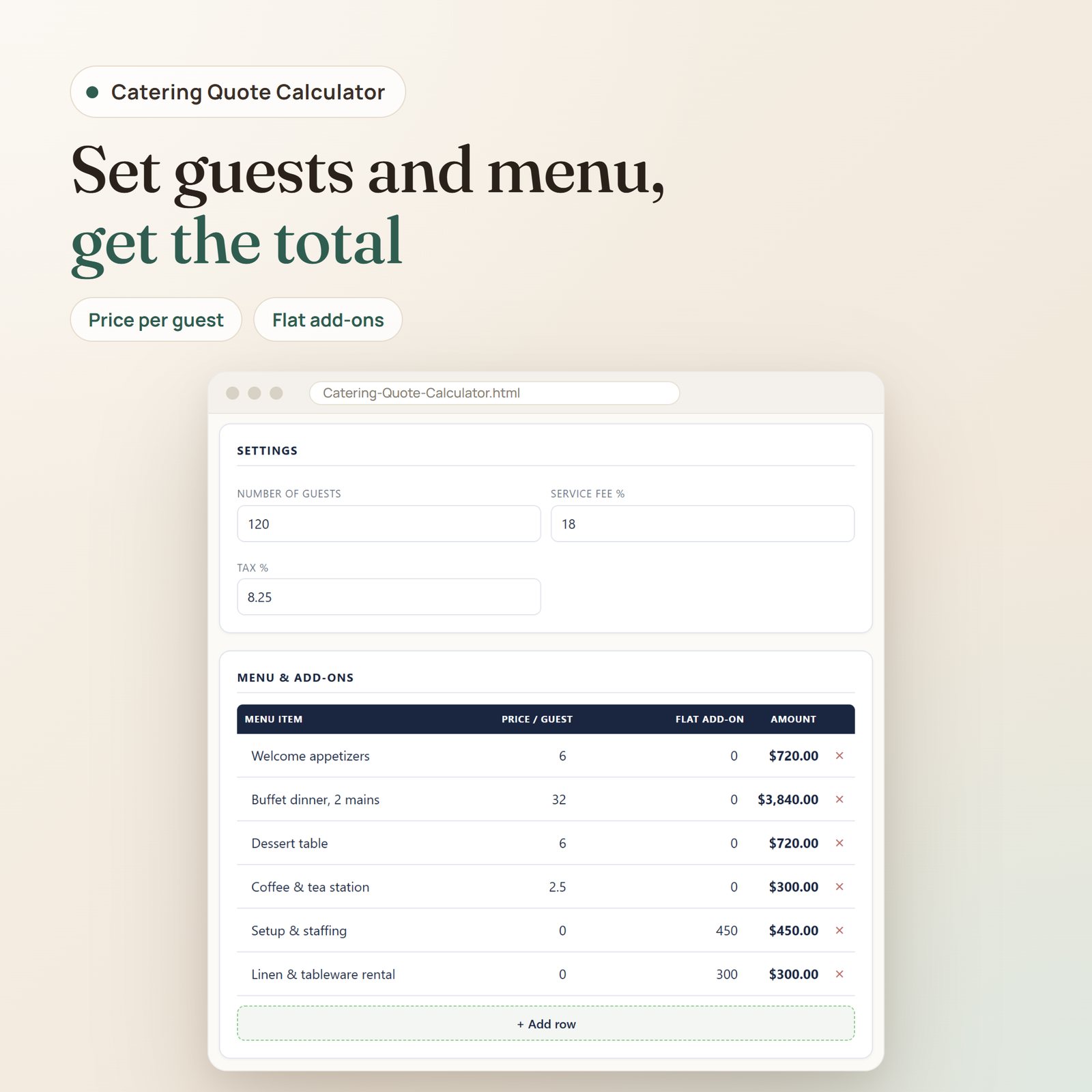 Catering Quote Calculator app: number of guests, service fee, tax and menu items priced per guest or as flat add-ons