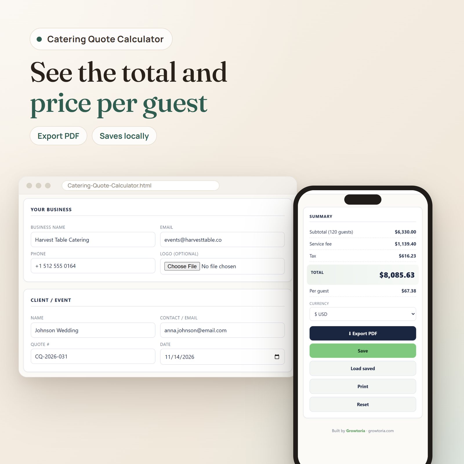 Catering Quote Calculator app: caterer and client event details with the quote summary, total and price per guest on mobile