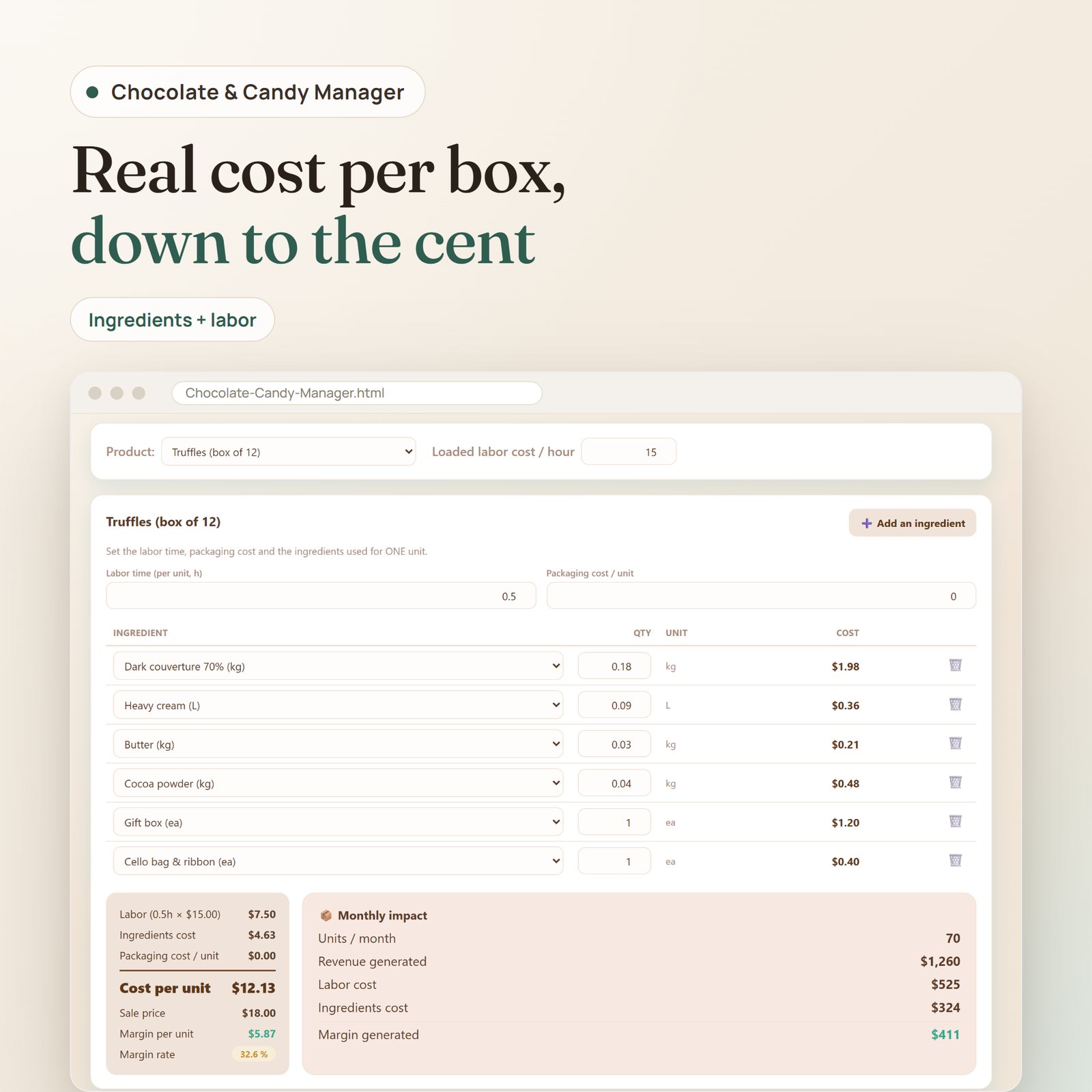 Chocolate & Candy Manager app: recipe cost per product with ingredients, labor and packaging