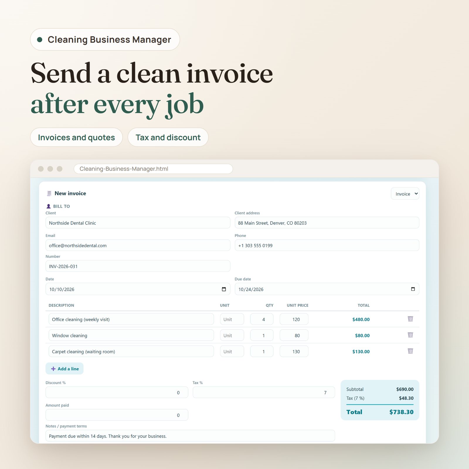 Cleaning Business Manager app: client invoice with service lines, tax and total