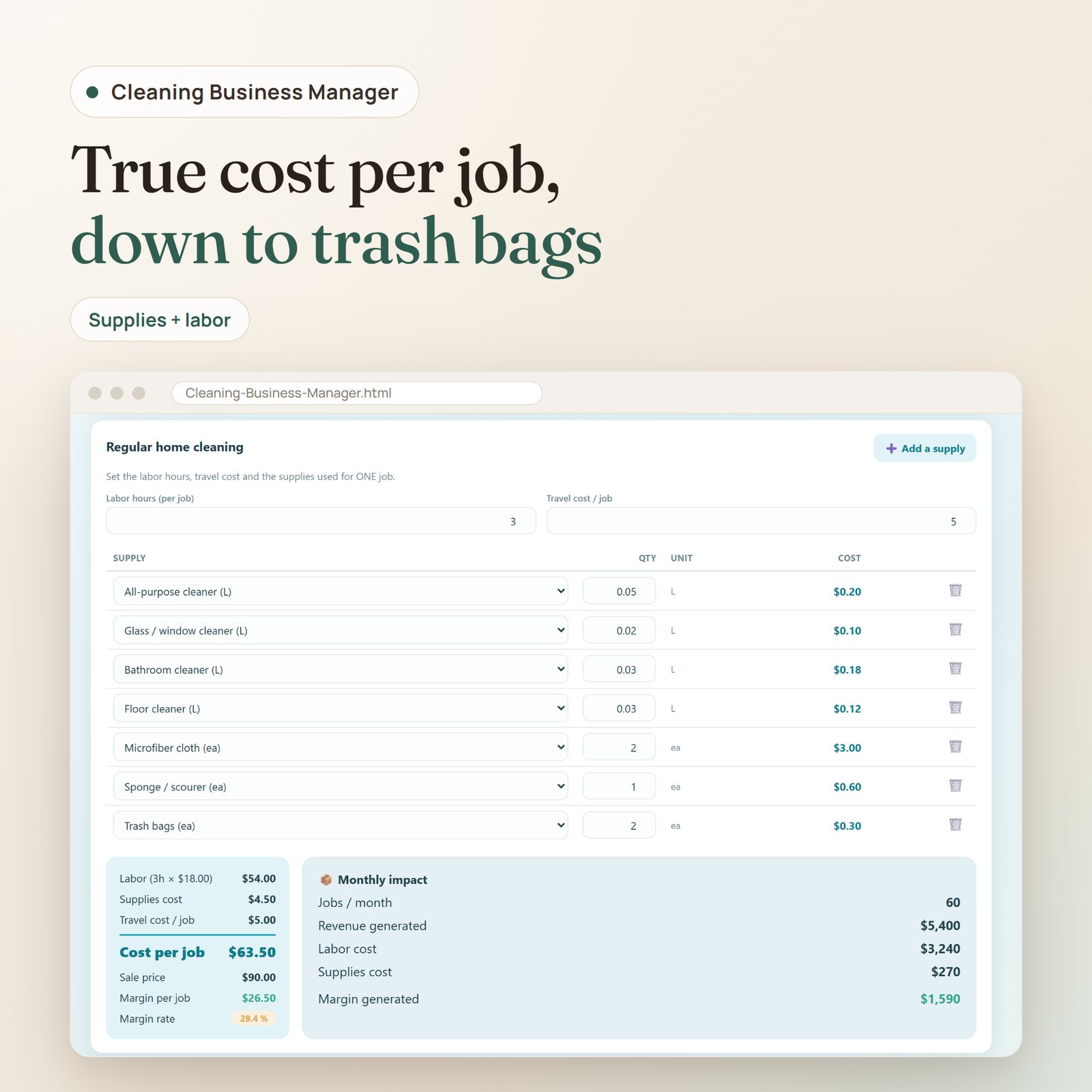 Cleaning Business Manager app: job costing with labor hours, travel and supplies used per job