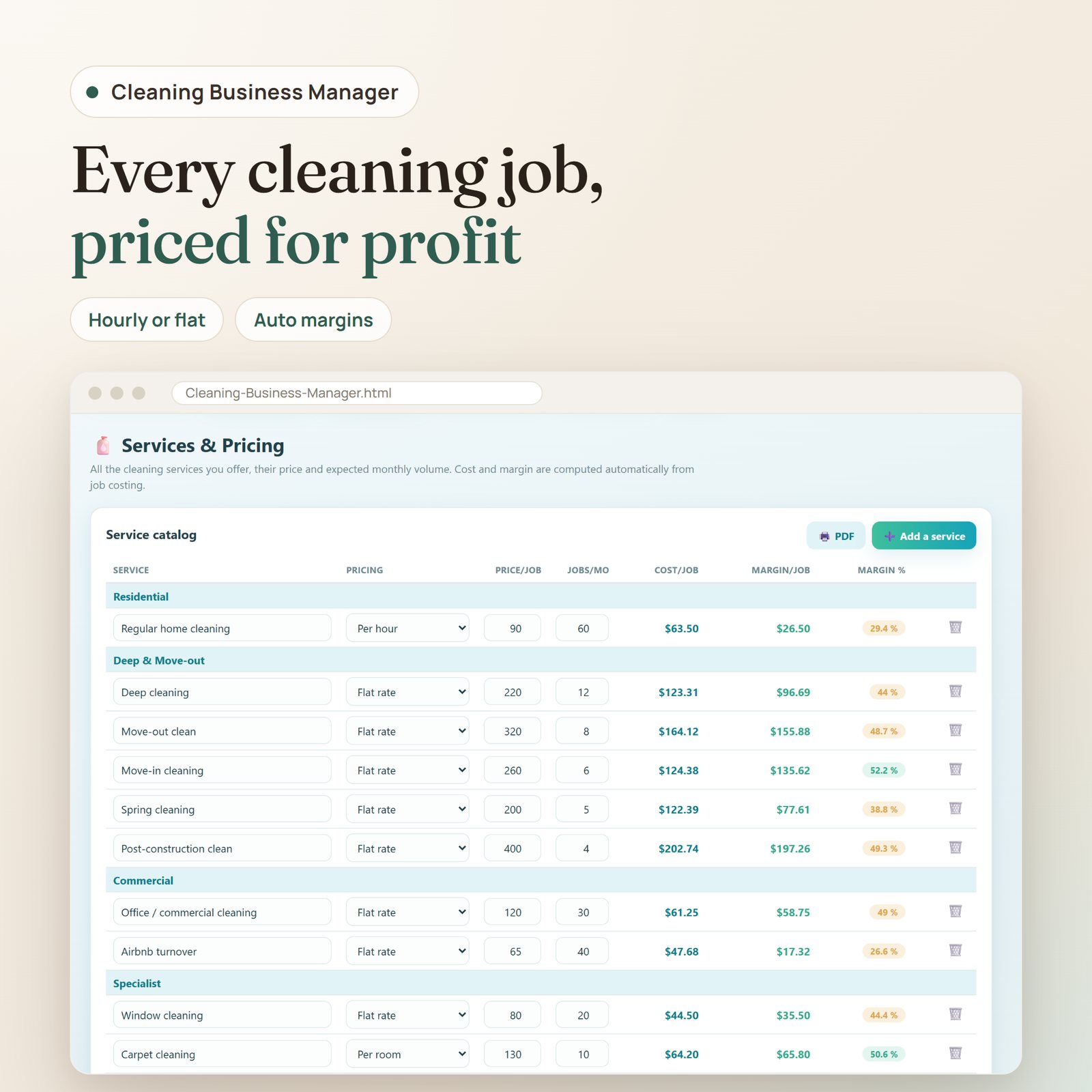 Cleaning Business Manager app: service catalog with price per job, jobs per month, cost and margin