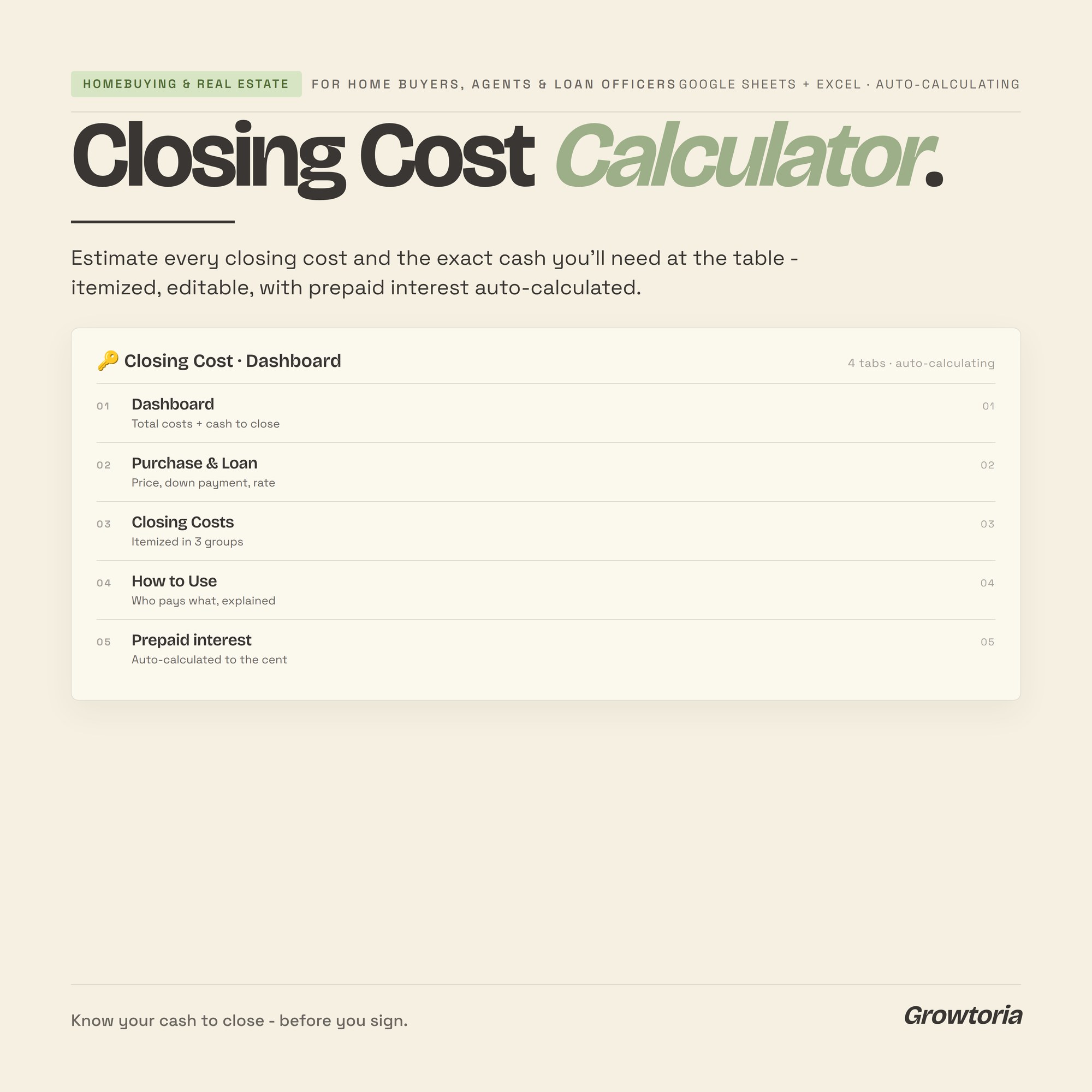 Closing Cost Calculator — Google Sheets template preview