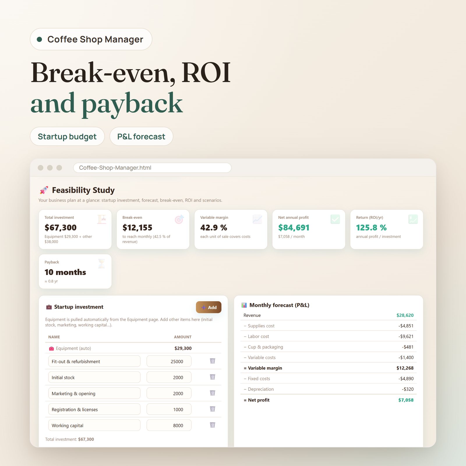 Coffee Shop Manager app: feasibility study with break-even, ROI and payback