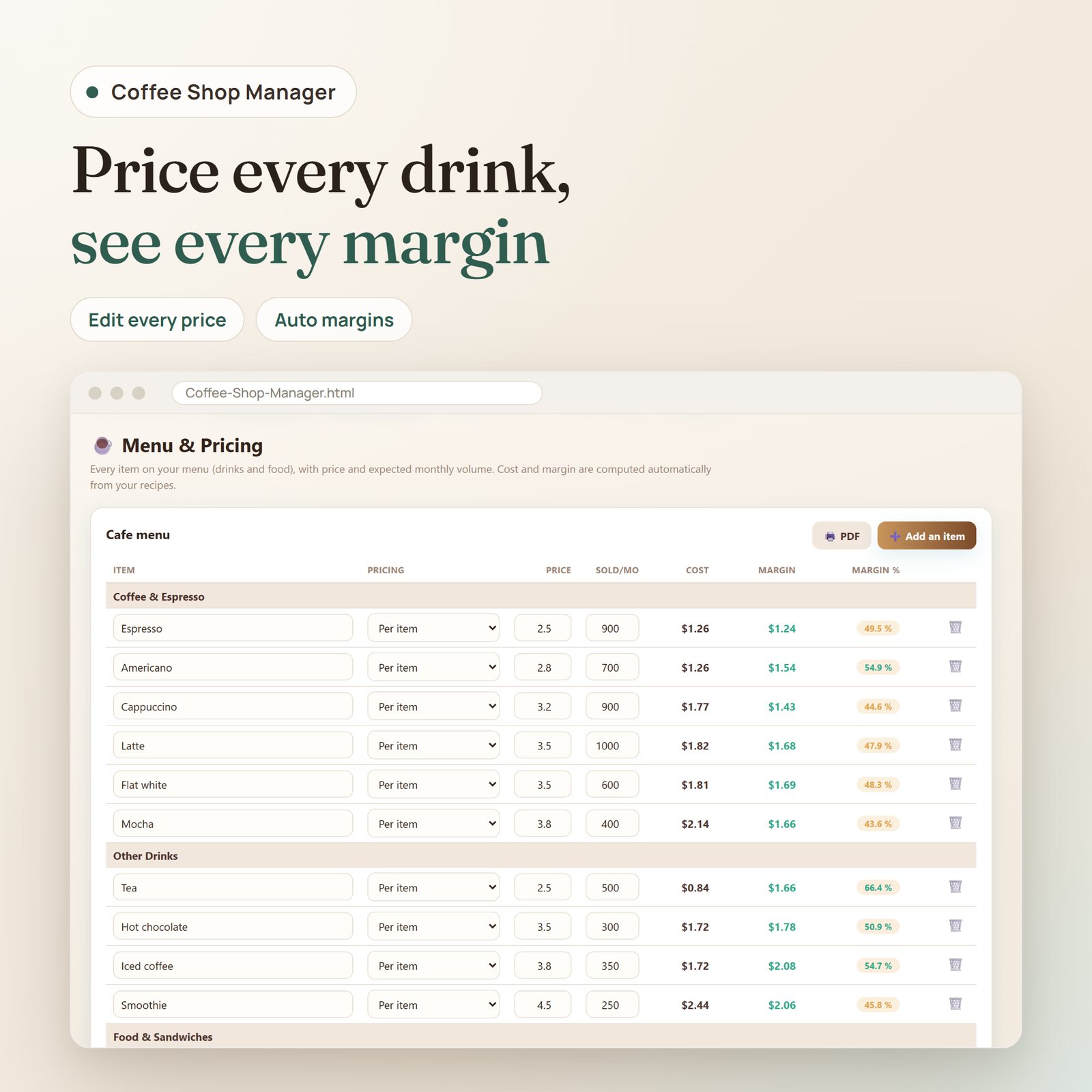Coffee Shop Manager app: menu pricing table with cost and margin per drink