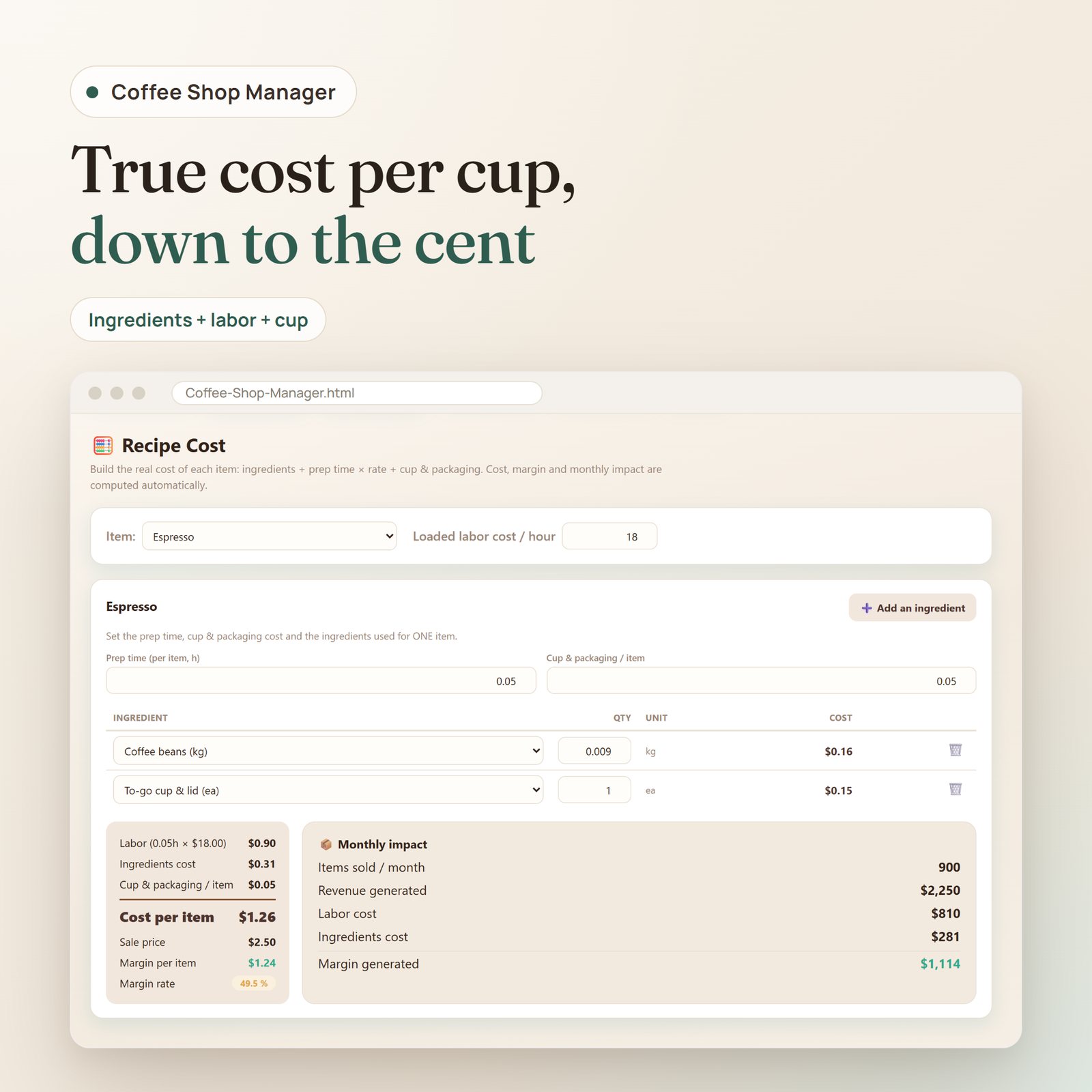 Coffee Shop Manager app: recipe cost per cup with ingredients, labor and packaging