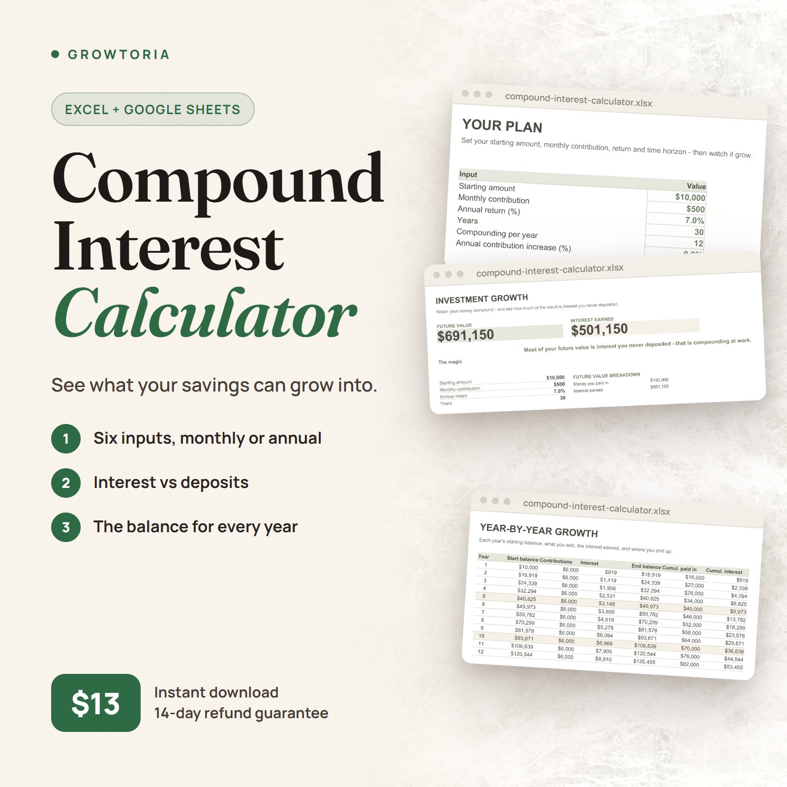 Compound Interest Calculator: growth dashboard, inputs and year-by-year tabs of the spreadsheet