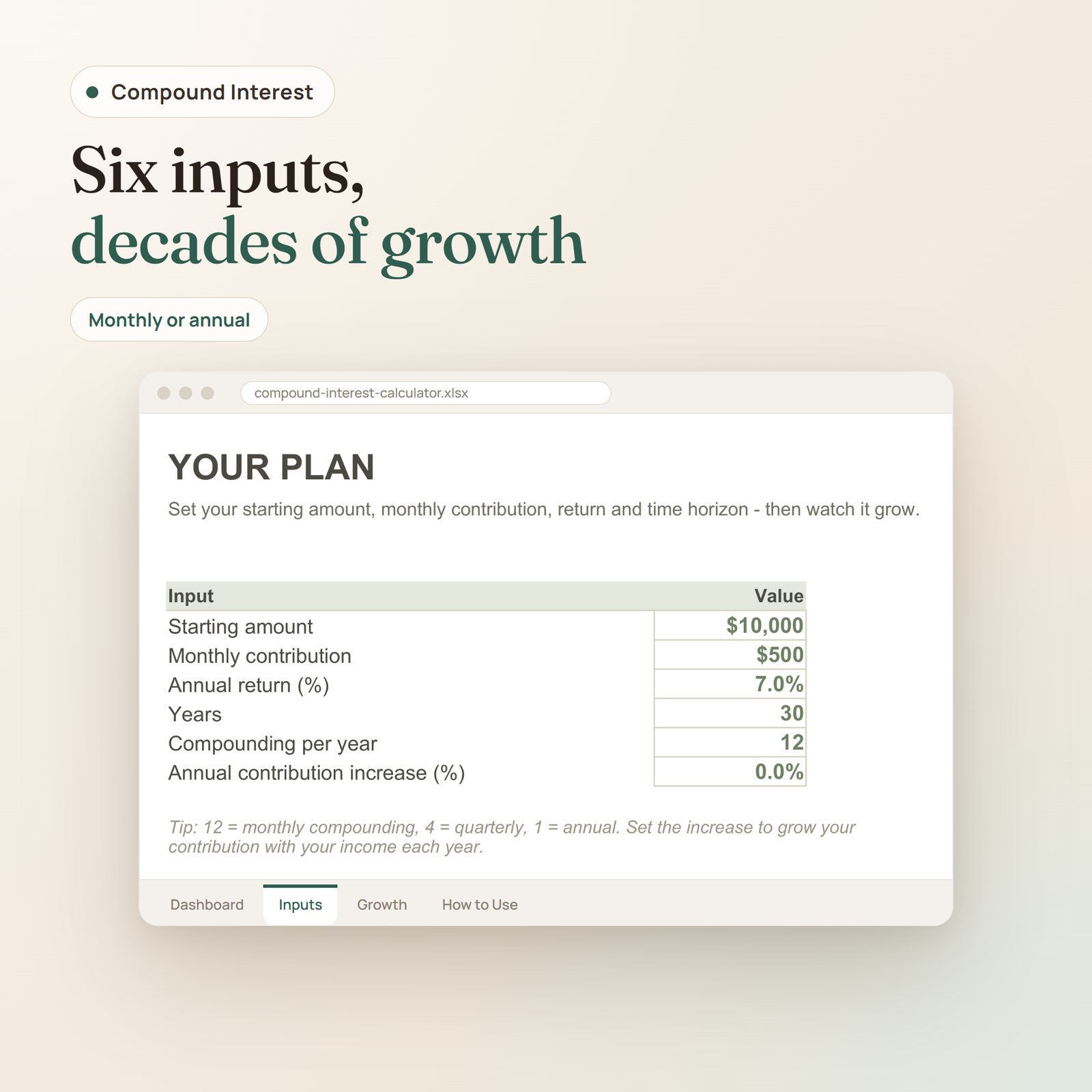 Compound Interest Calculator spreadsheet: plan inputs with starting amount, monthly contribution, return and years