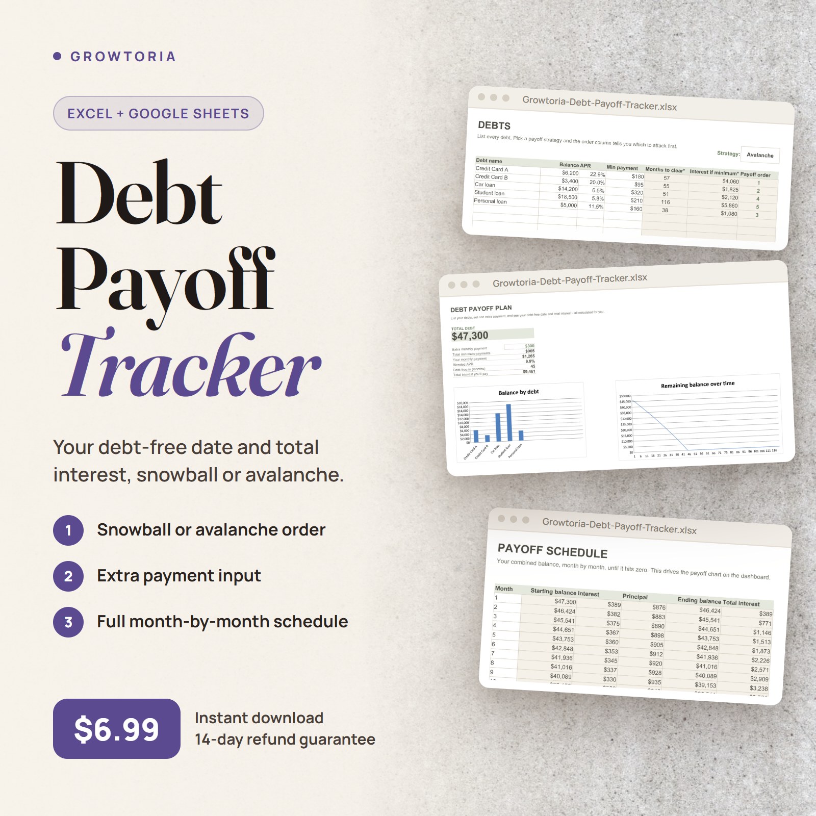 Debt Payoff Tracker: payoff dashboard, debts and payoff schedule tabs of the spreadsheet