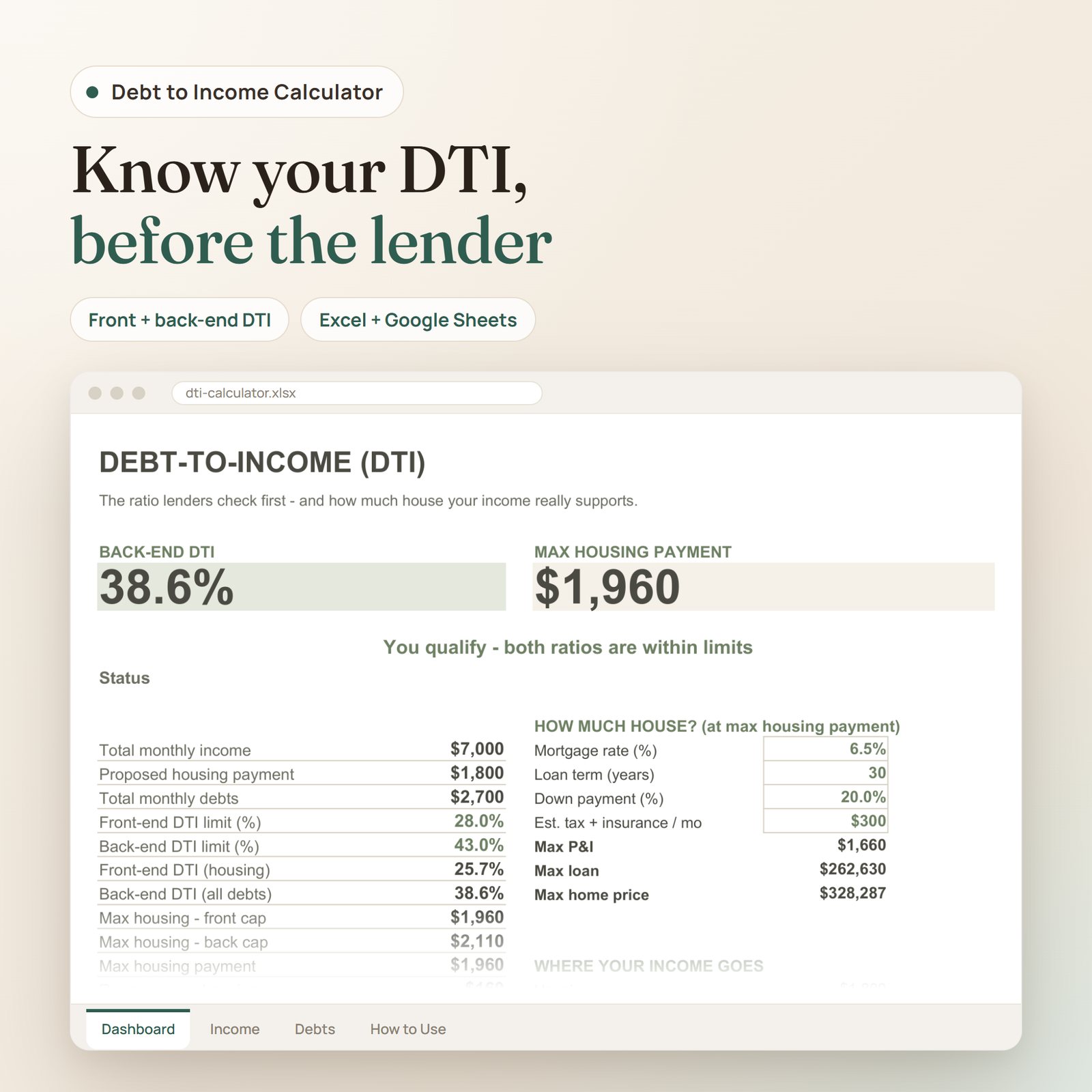 Debt to Income Calculator spreadsheet: dashboard with back-end DTI, max housing payment and qualification status