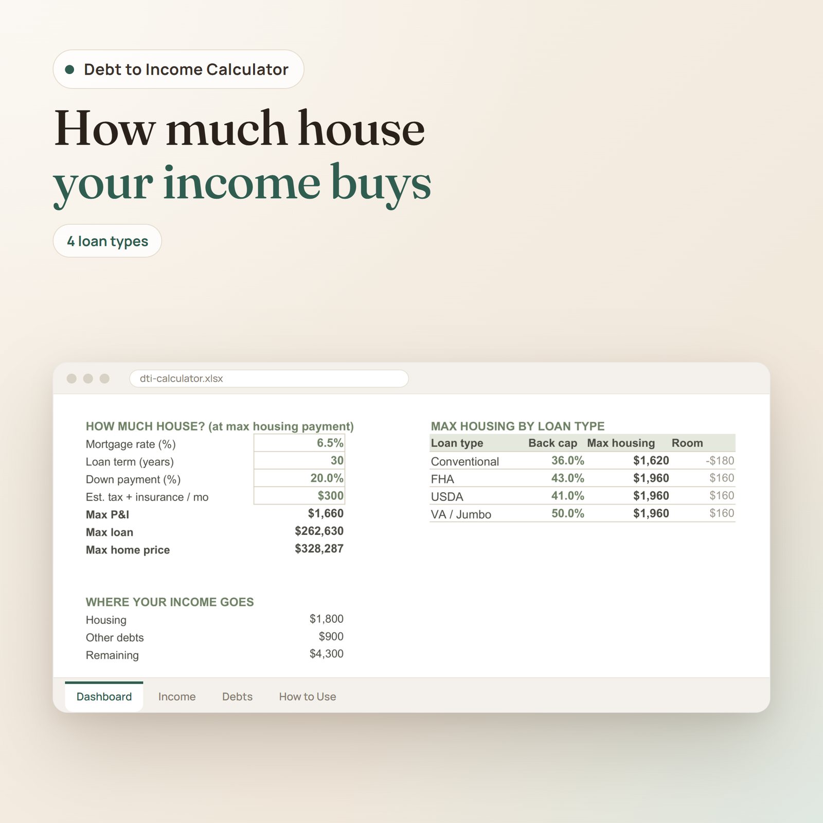Debt to Income Calculator spreadsheet: max loan, max home price and max housing payment by loan type