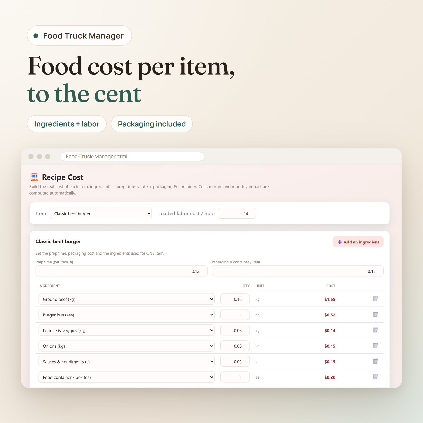 Food Truck Manager app: recipe cost builder with ingredients, prep time and packaging per item