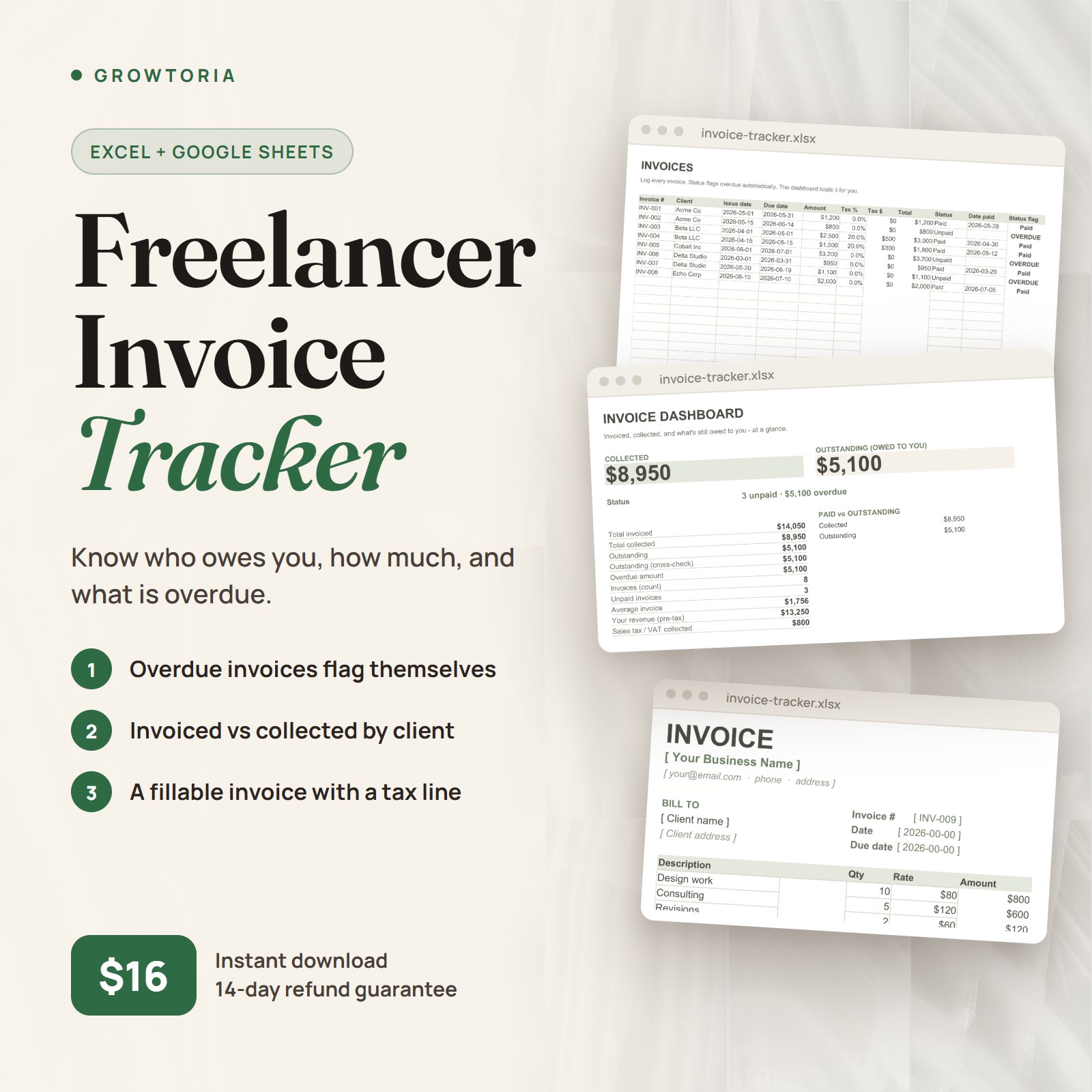 Freelancer Invoice Tracker: invoice dashboard, invoices and invoice template tabs