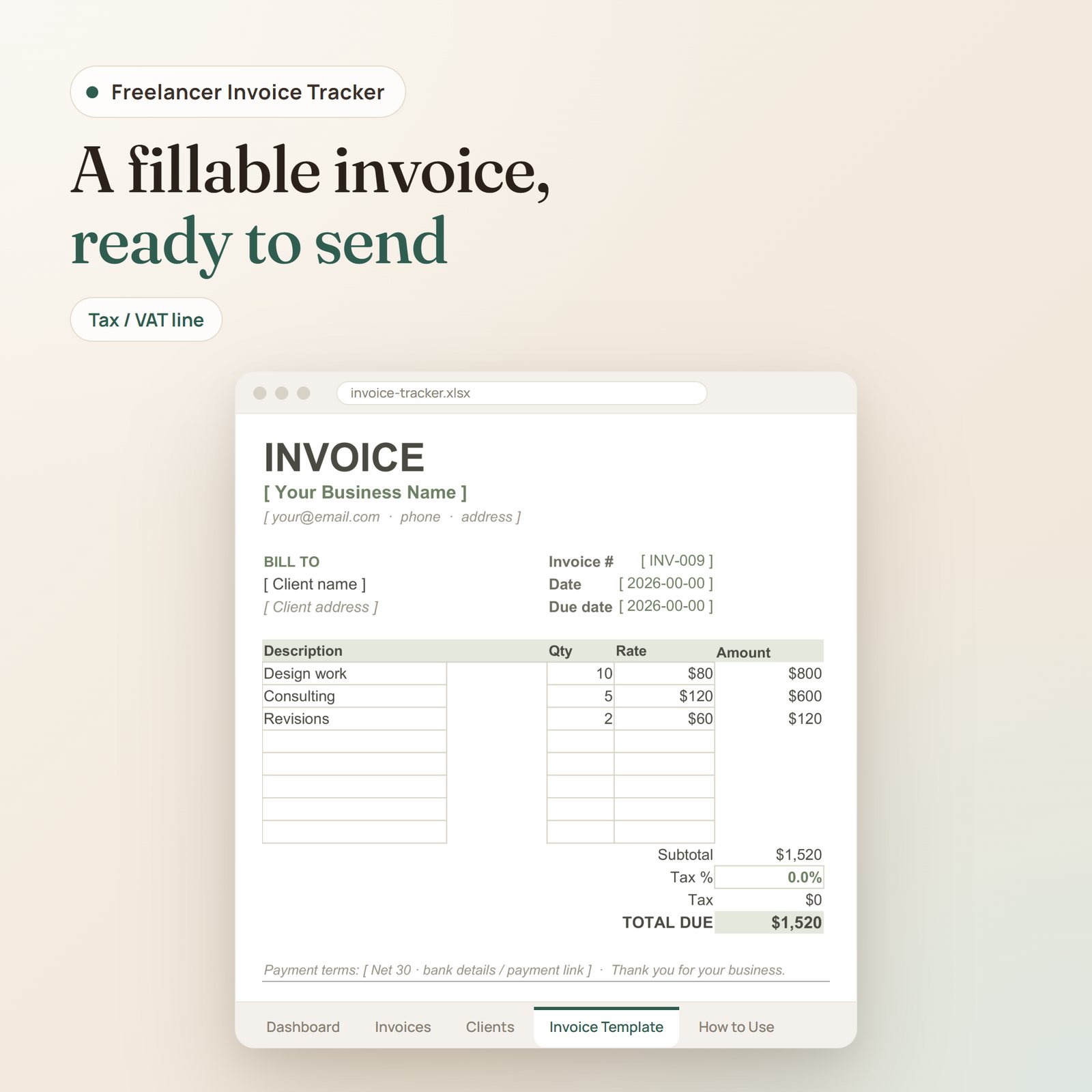 Freelancer Invoice Tracker spreadsheet: fillable invoice template with line items, subtotal, tax and total due