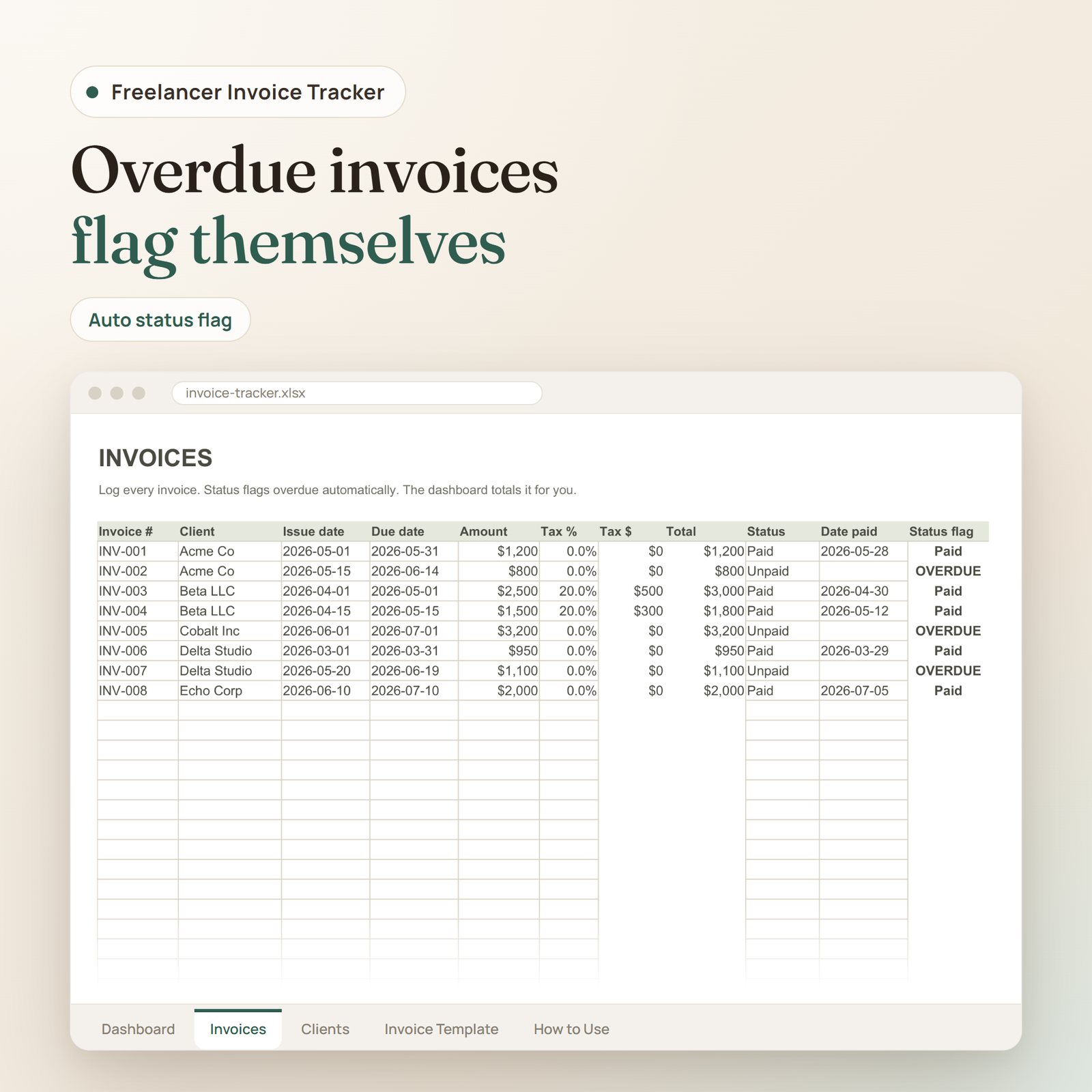Freelancer Invoice Tracker spreadsheet: invoices log with dates, amounts, tax, status and overdue flag